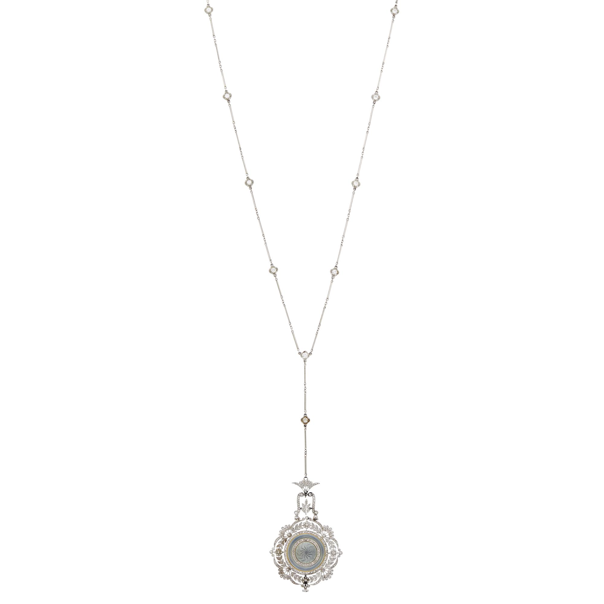 Lot image - Belle Époque Platinum, Diamond and Blue Guilloché Enamel Pendant-Watch with Platinum and Diamond Chain