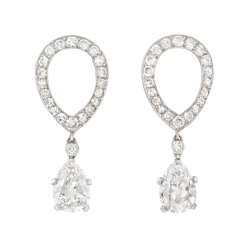 Lot image - Pair of Platinum and Diamond Pendant-Earclips