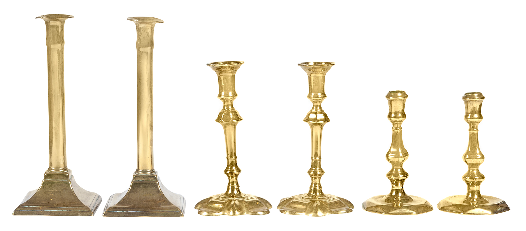 Lot image - Three Pairs of English Brass Candlesticks