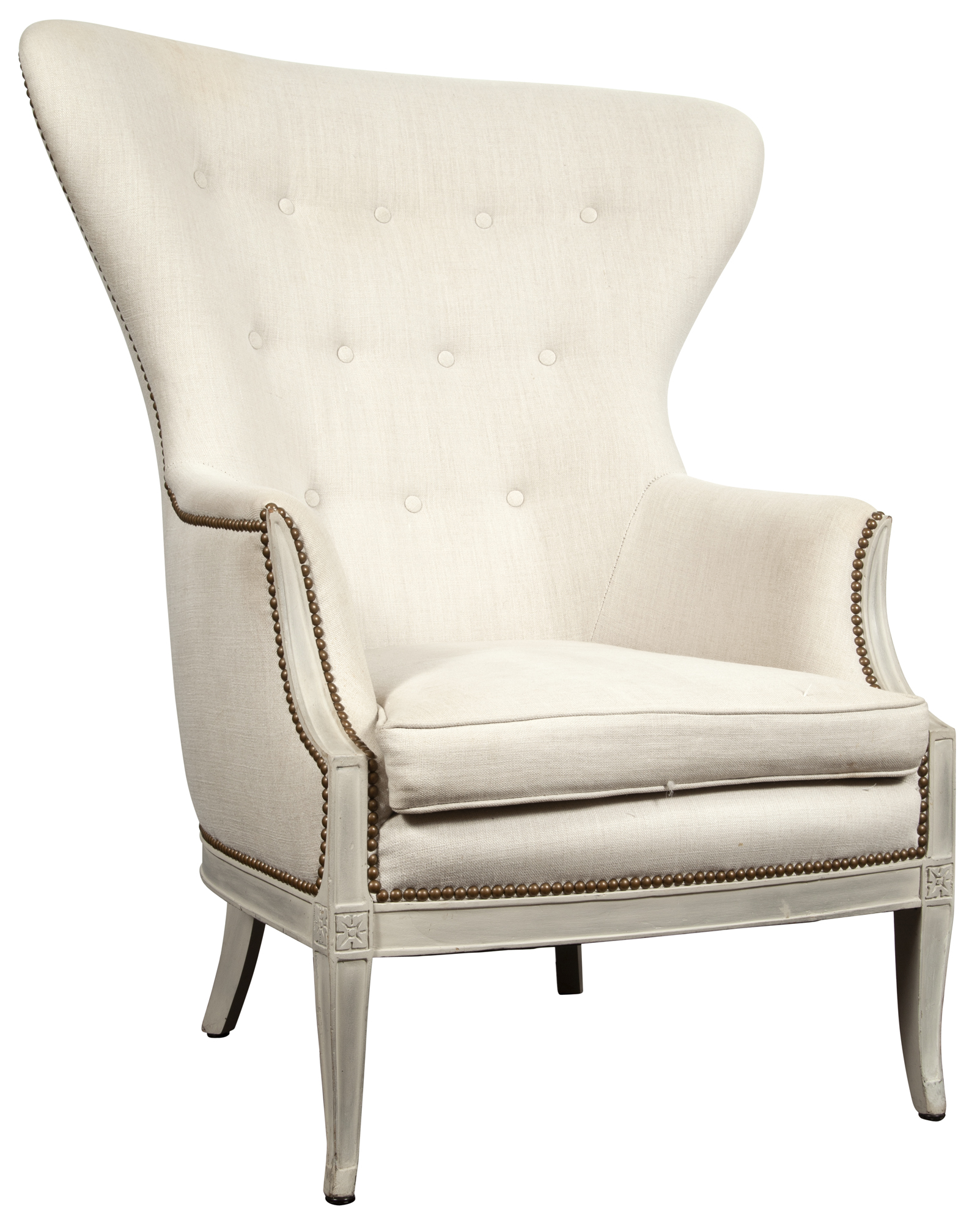 Lot image - Linen-Upholstered White-Painted Wing Armchair