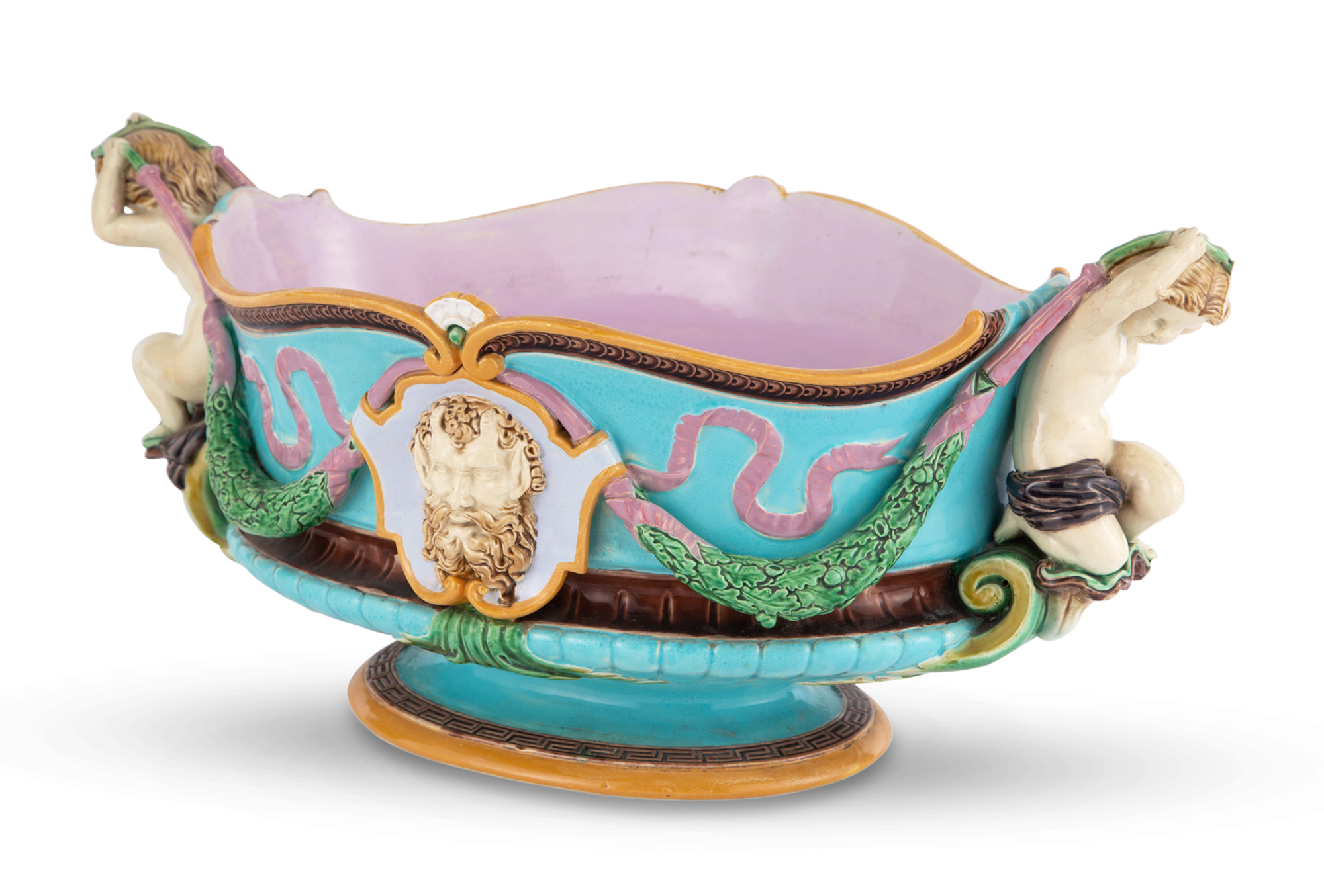 Lot image - Mintons Majolica Turquoise-Ground Classical Two-Handled Oval Centerpiece Bowl