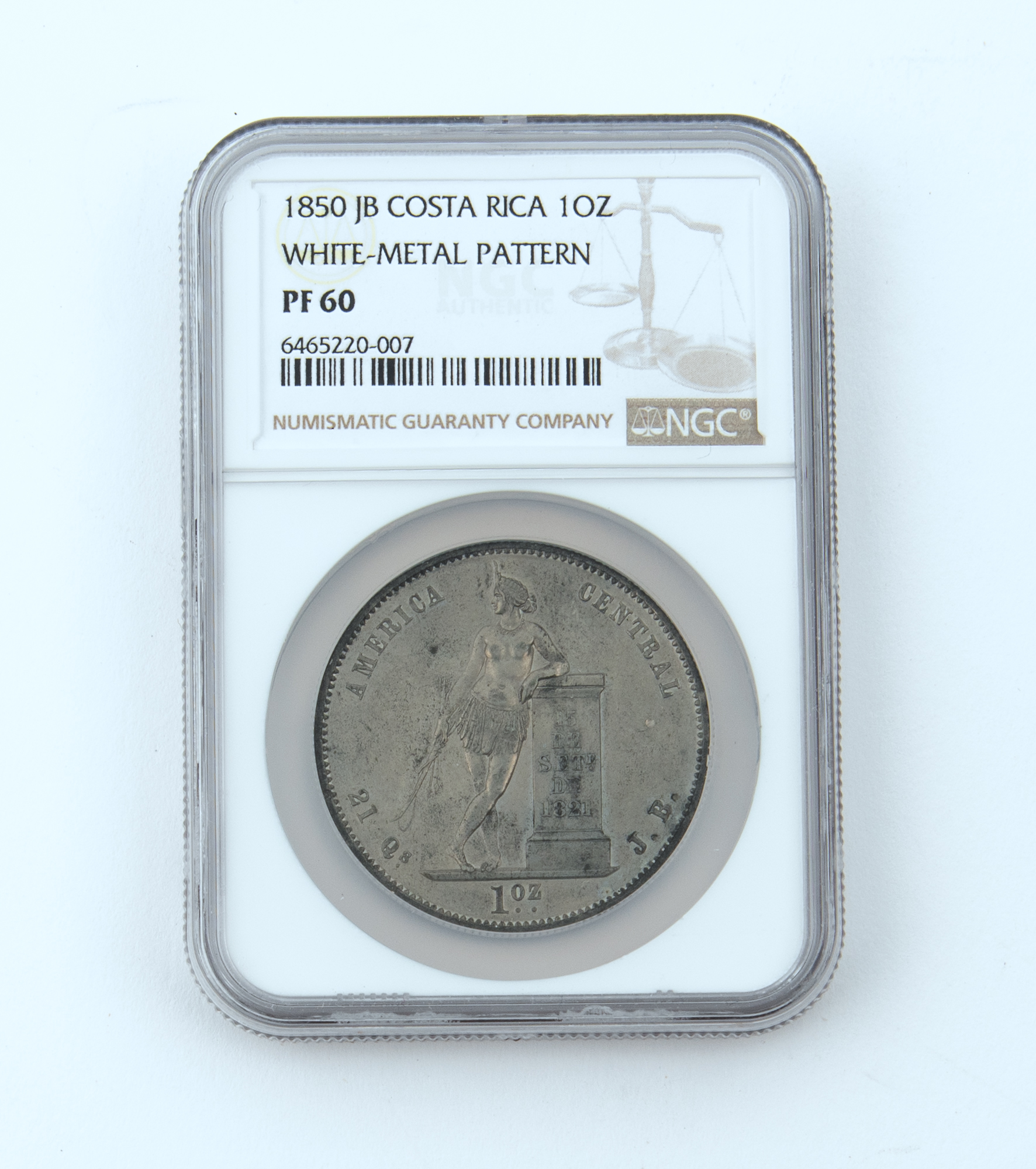 Lot image - Costa Rica 1859 JB One Onza White Metal Pattern NGC Proof 60