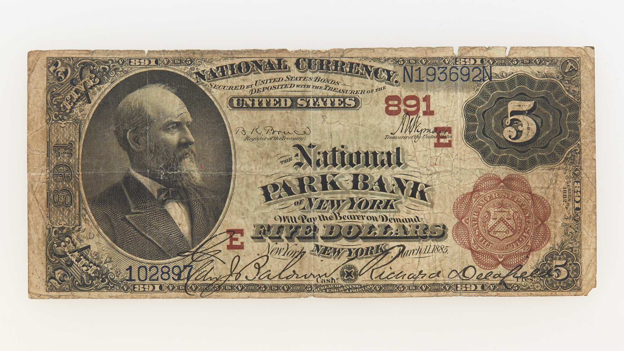 Lot image - United States 1882 $5 National Series 2 Brown Back Fr 467