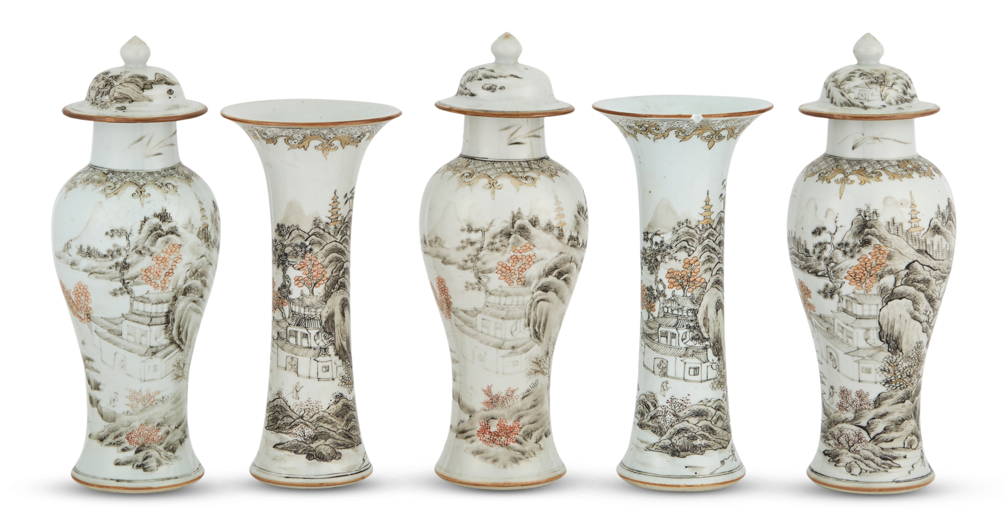 Lot image - A Chinese Export Porcelain Five-Piece Garniture