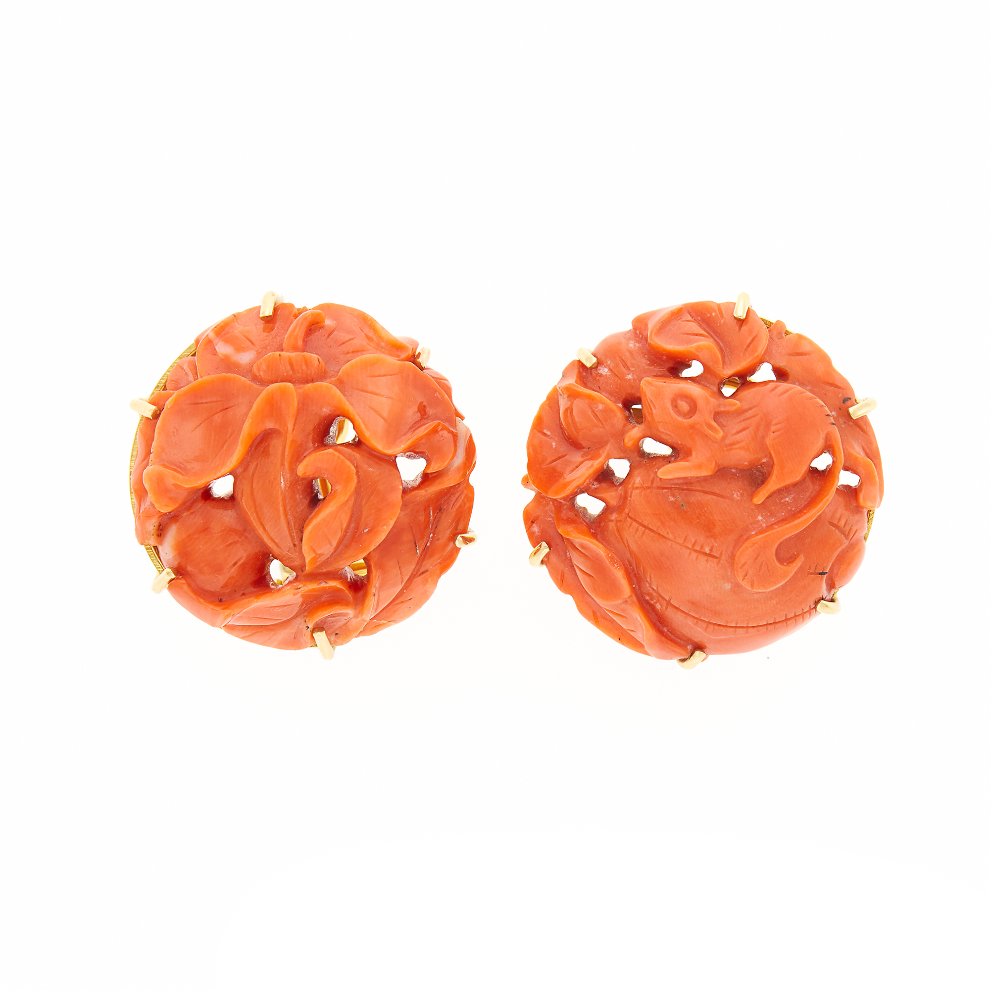 Lot image - Pair of Gold and Carved Coral Earrings