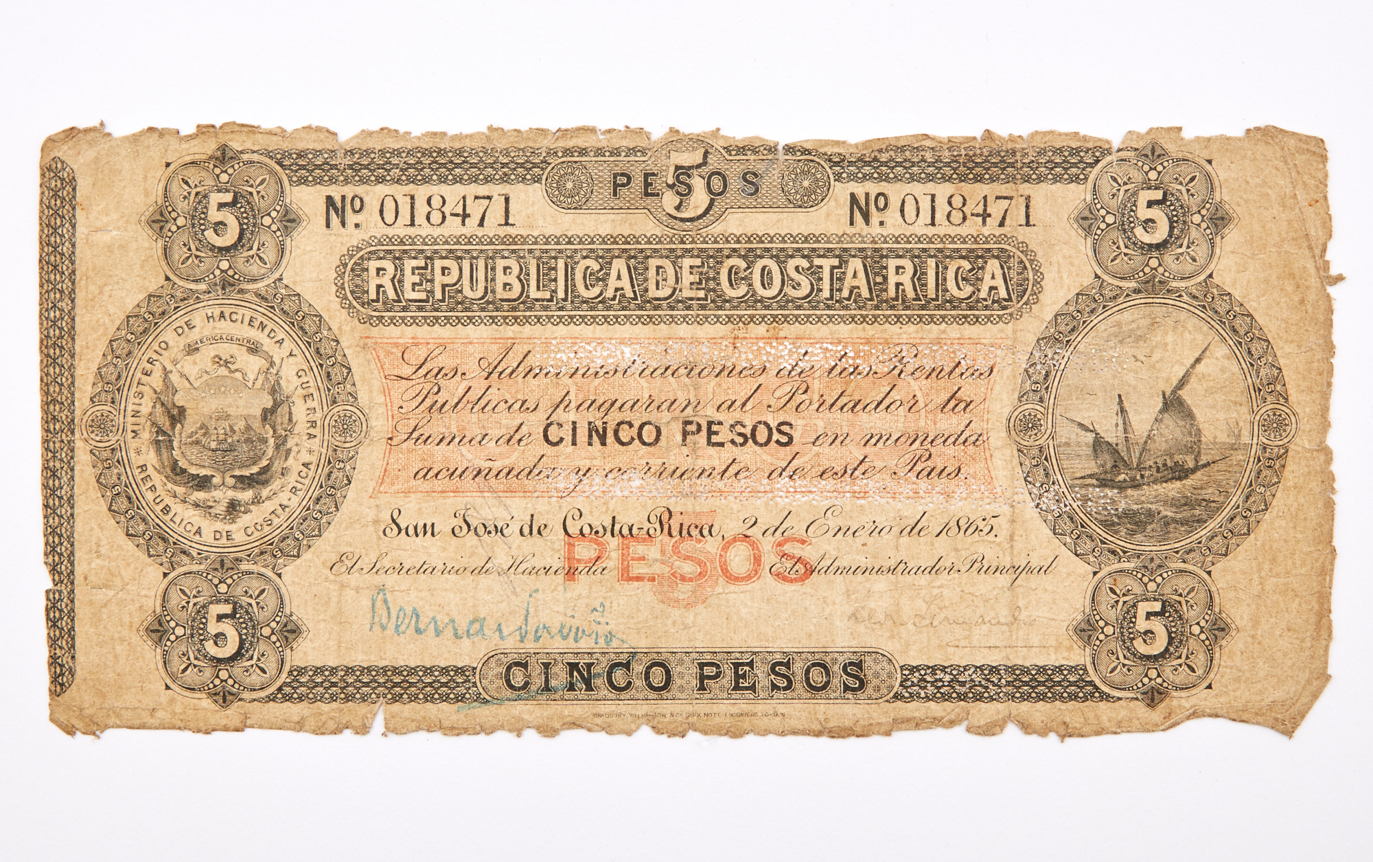 Lot image - Costa Rica, Republica de Costa Rica 1865-71 Cinco Pesos Cancelled Note Pick# 103