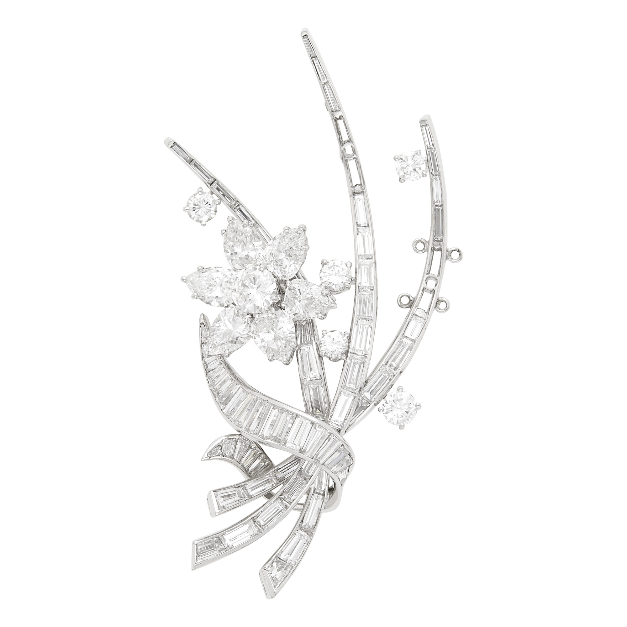 Lot image - Platinum and Diamond Flower Clip-Brooch