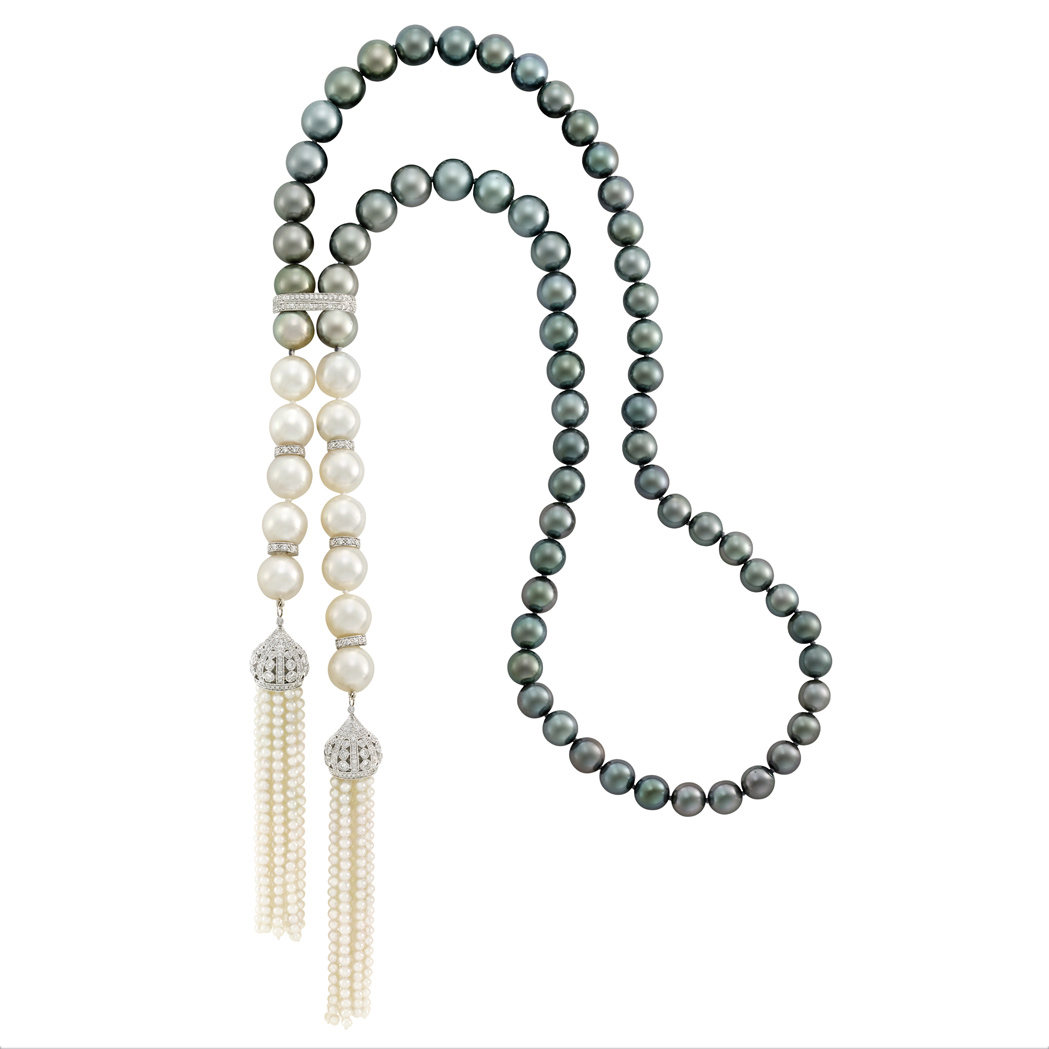 Lot image - Tahitian Black and South Sea Cultured Pearl, Seed Pearl and Diamond Tassel Necklace