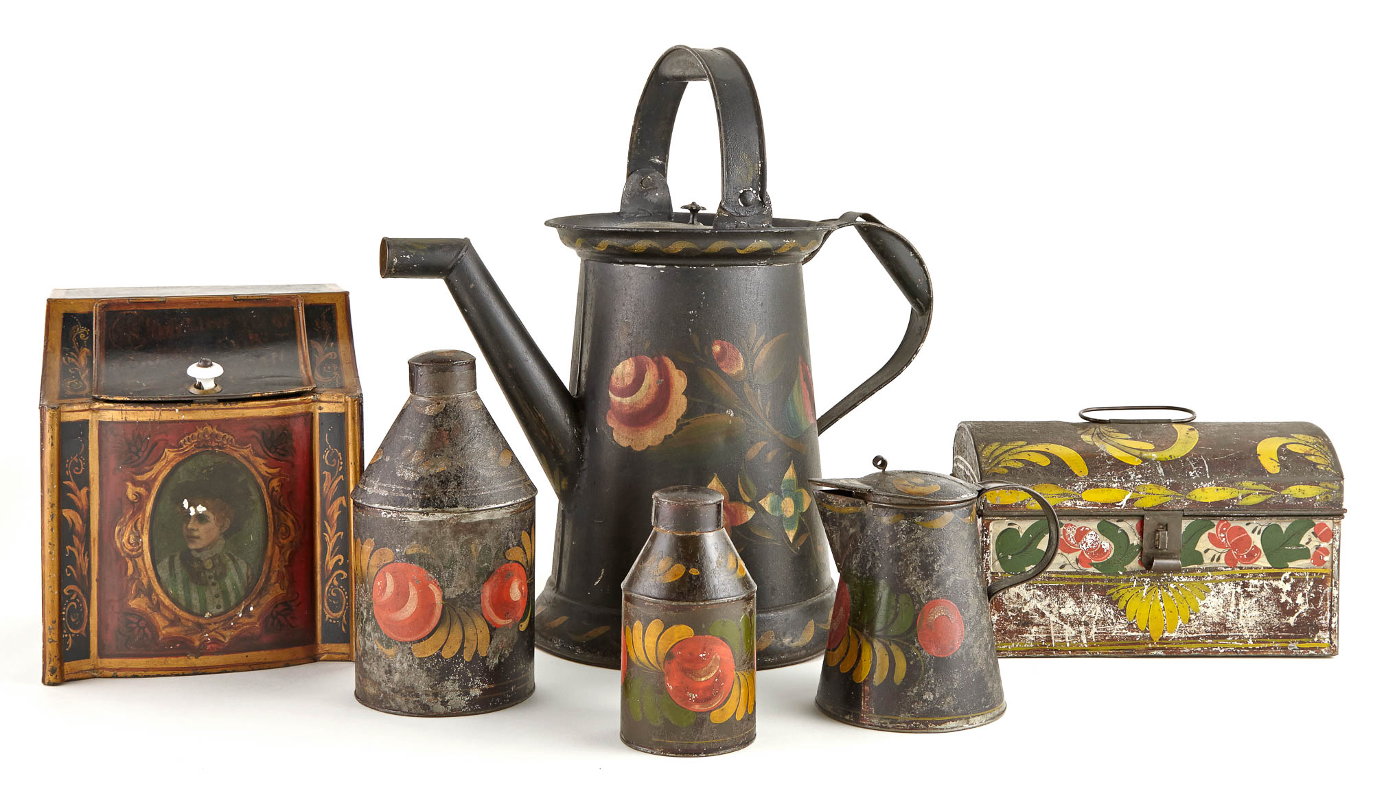 Lot image - Group of Six Decorated Tôleware Articles