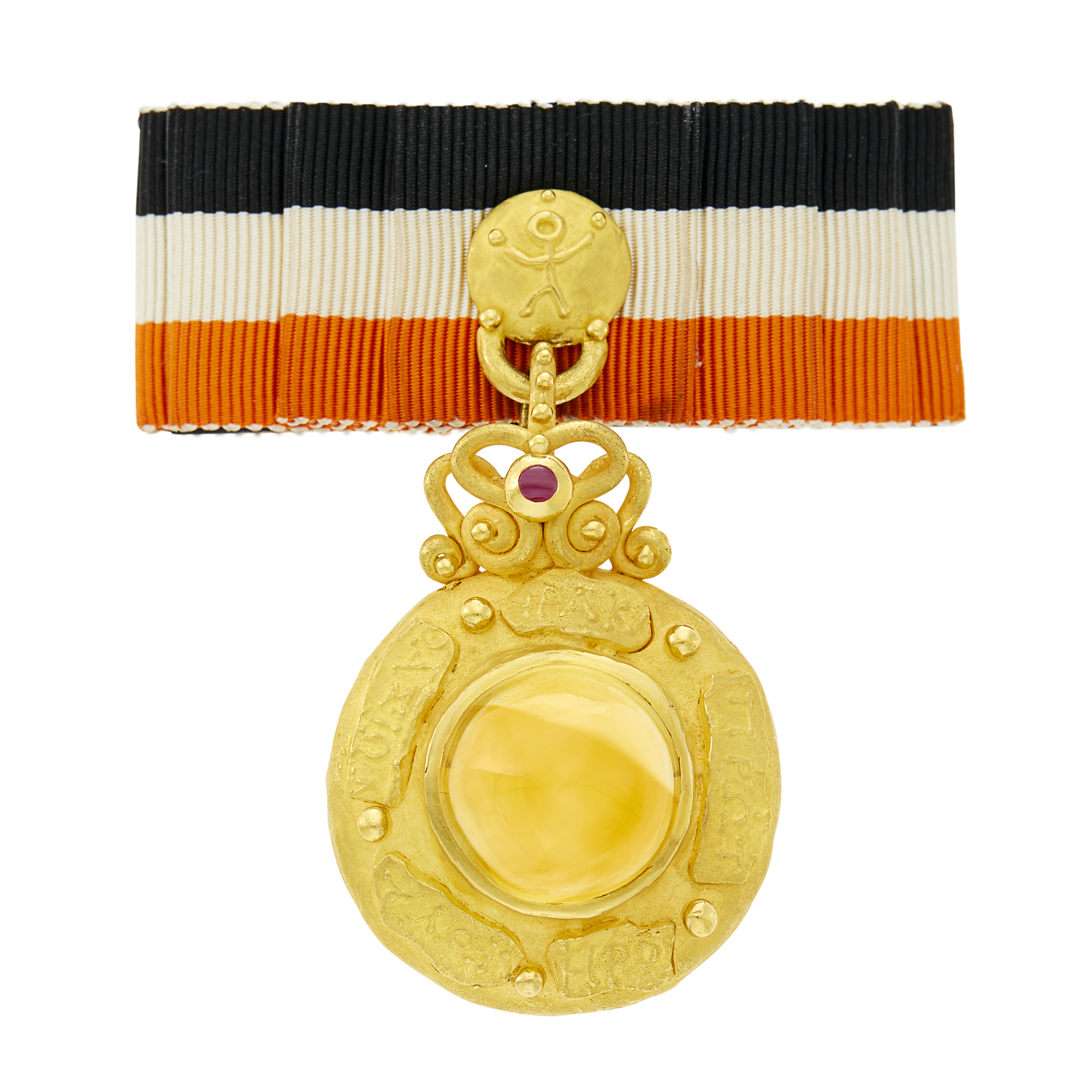 Lot image - Denise Roberge High Karat Gold, Cabochon Citrine and Ruby Lapel Brooch