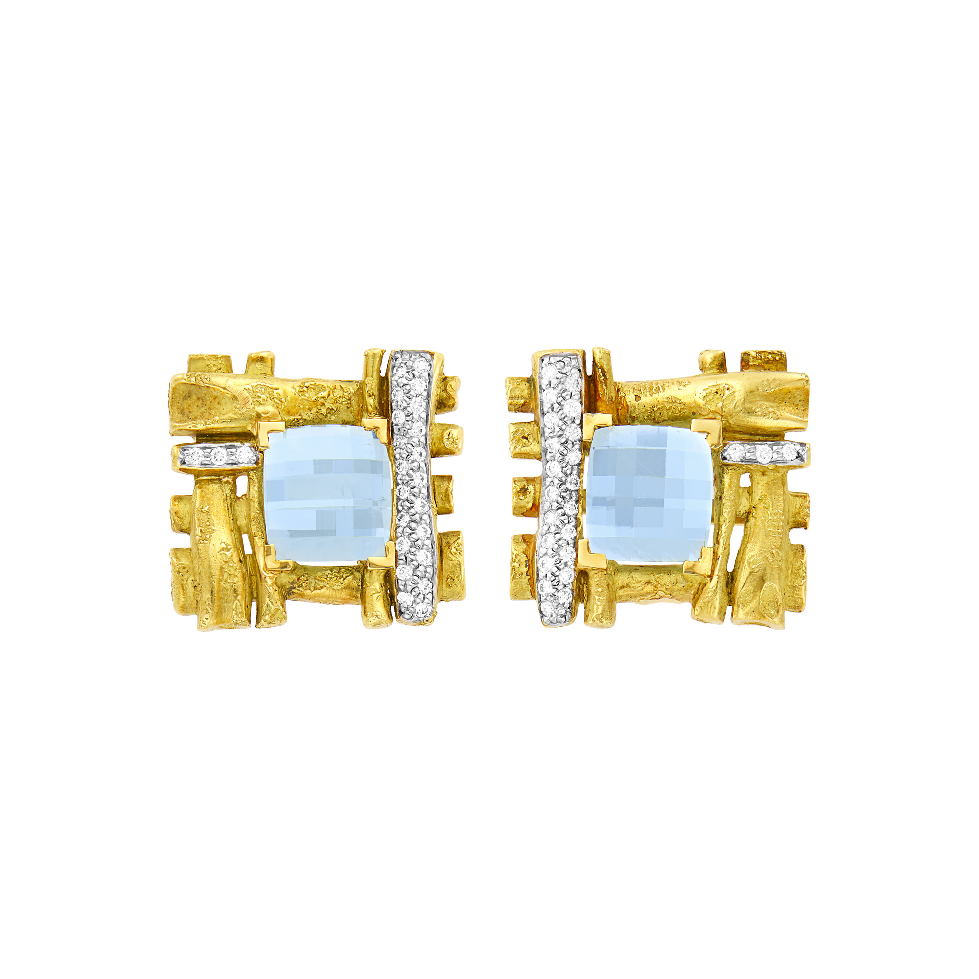 Lot image - Pair of Gold, Aquamarine and Diamond Earrings