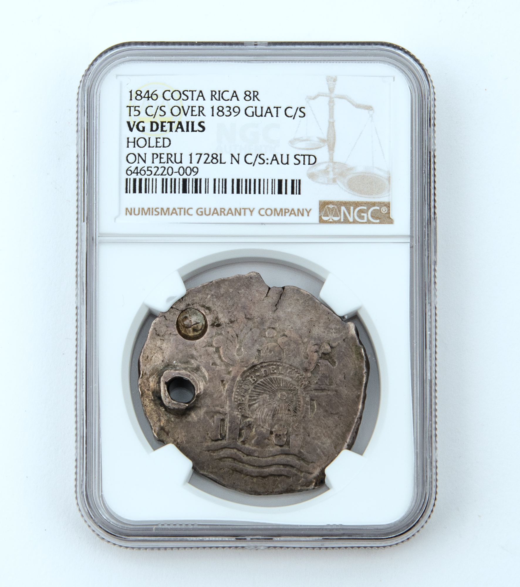 Lot image - Costa Rica Type V C/S 1846 8 Reales over 1839 Guatemala KM# 59 NGC VG Details