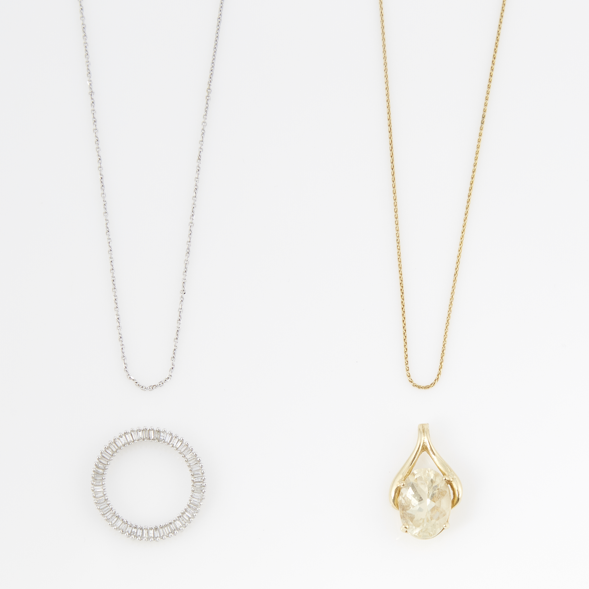 Lot image - Diamond Pendant, Gold and Stone Pendant and Two Neck Chains, 14K 6 dwt. all