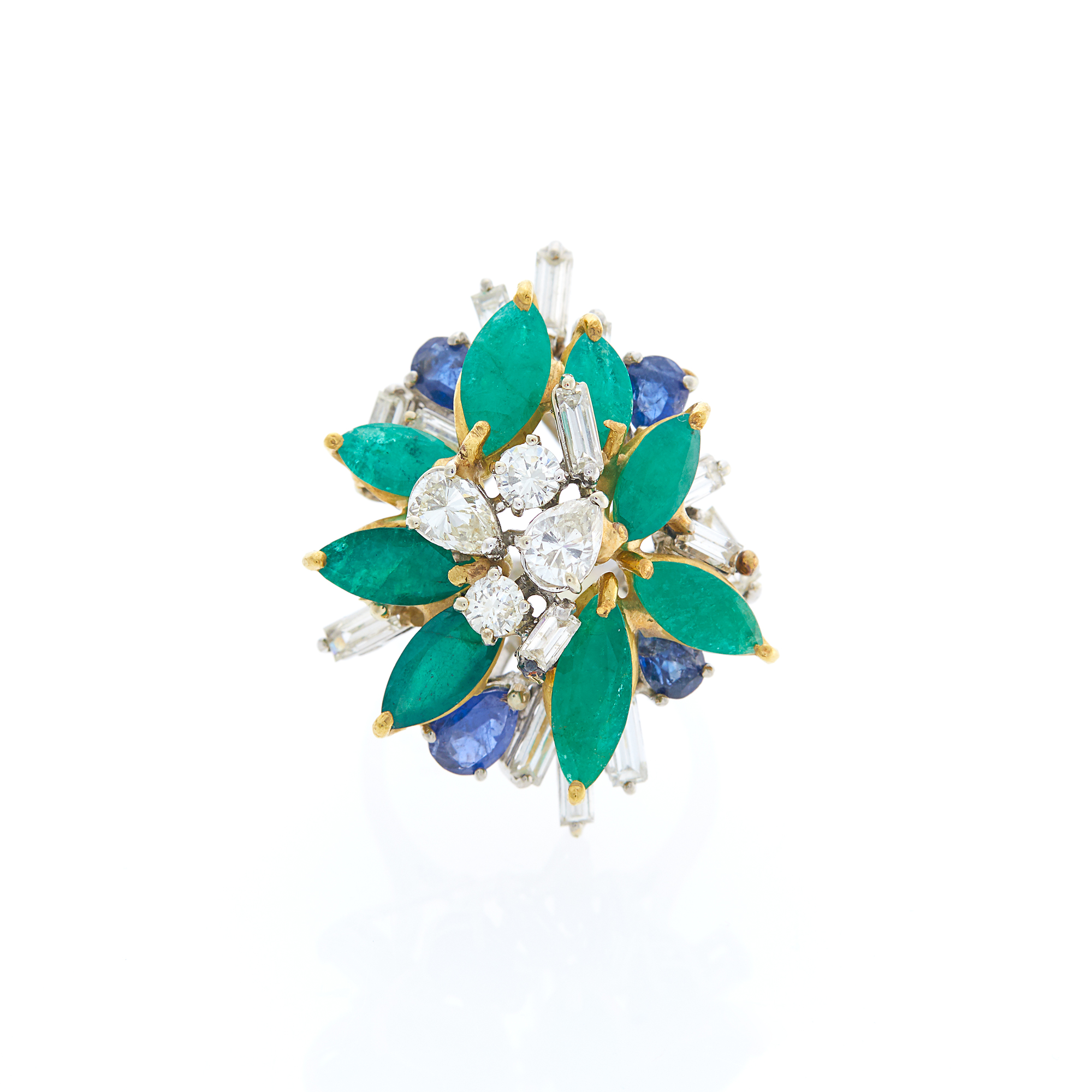 Lot image - Two-Color Gold, Emerald, Diamond and Sapphire Cluster Ring