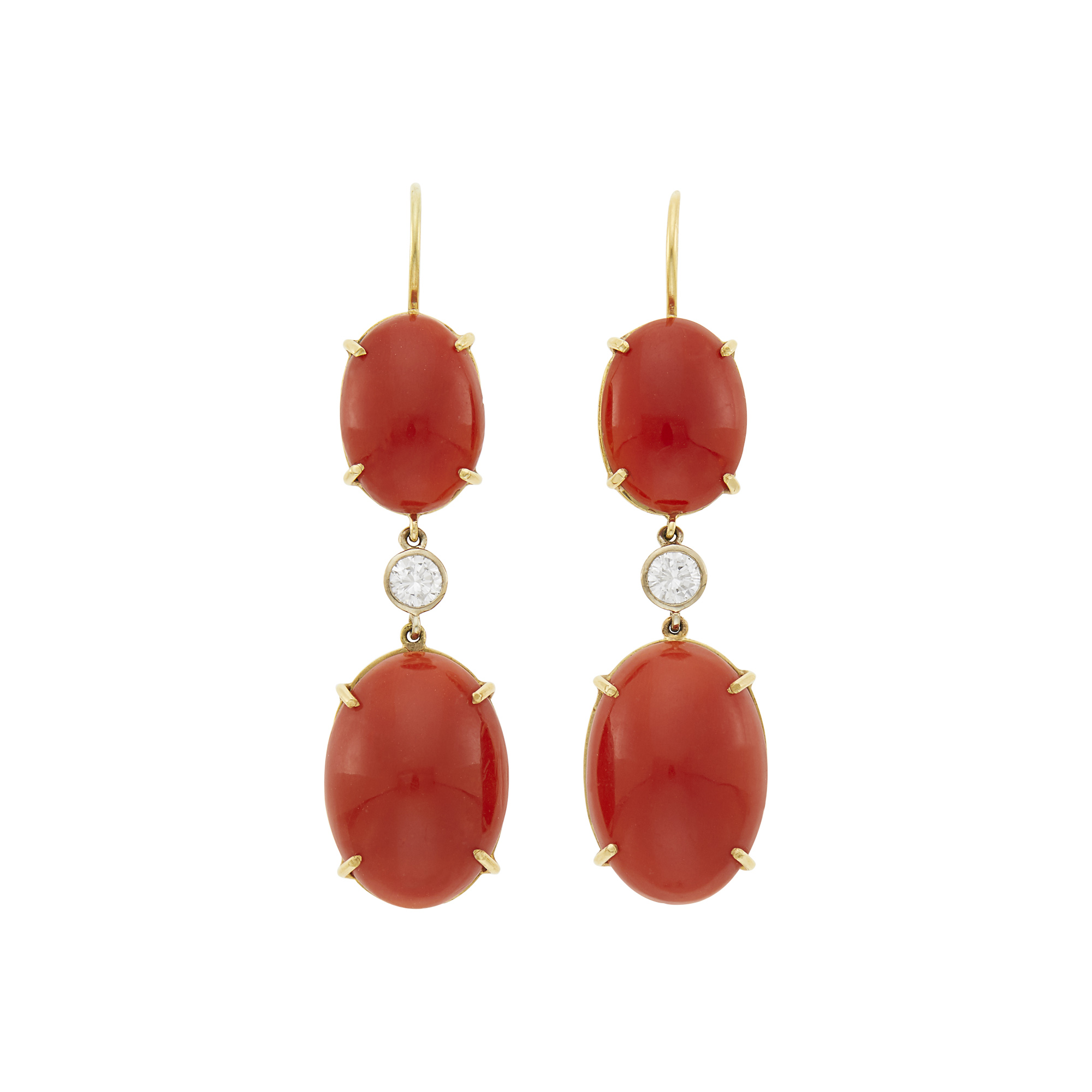 Lot image - Pair of Gold, Oxblood Coral and Diamond Pendant-Earrings