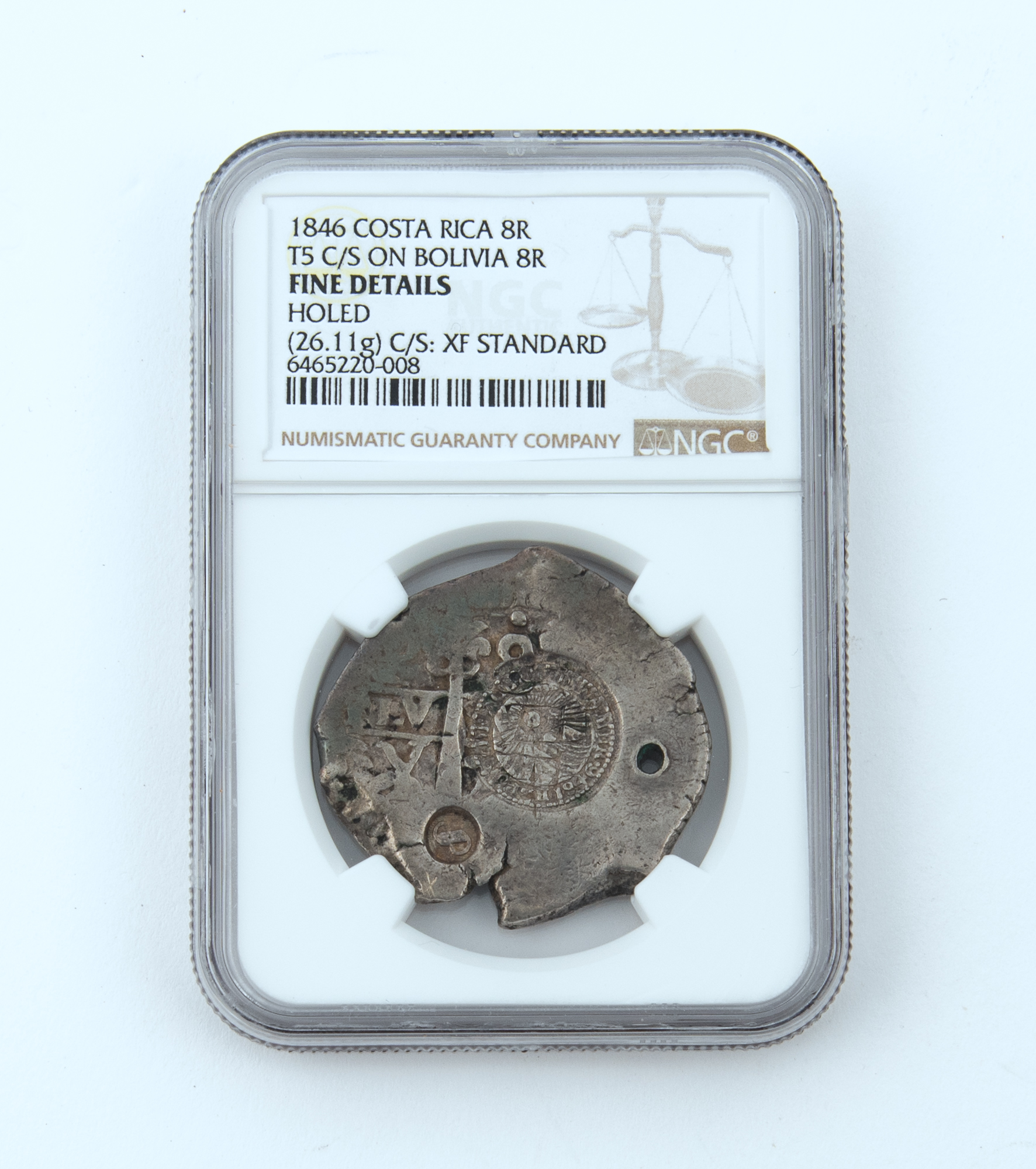 Lot image - Costa Rica Type V C/S on1846 8 Reales Bolivia Cob  KM#58  NGC Fine Details