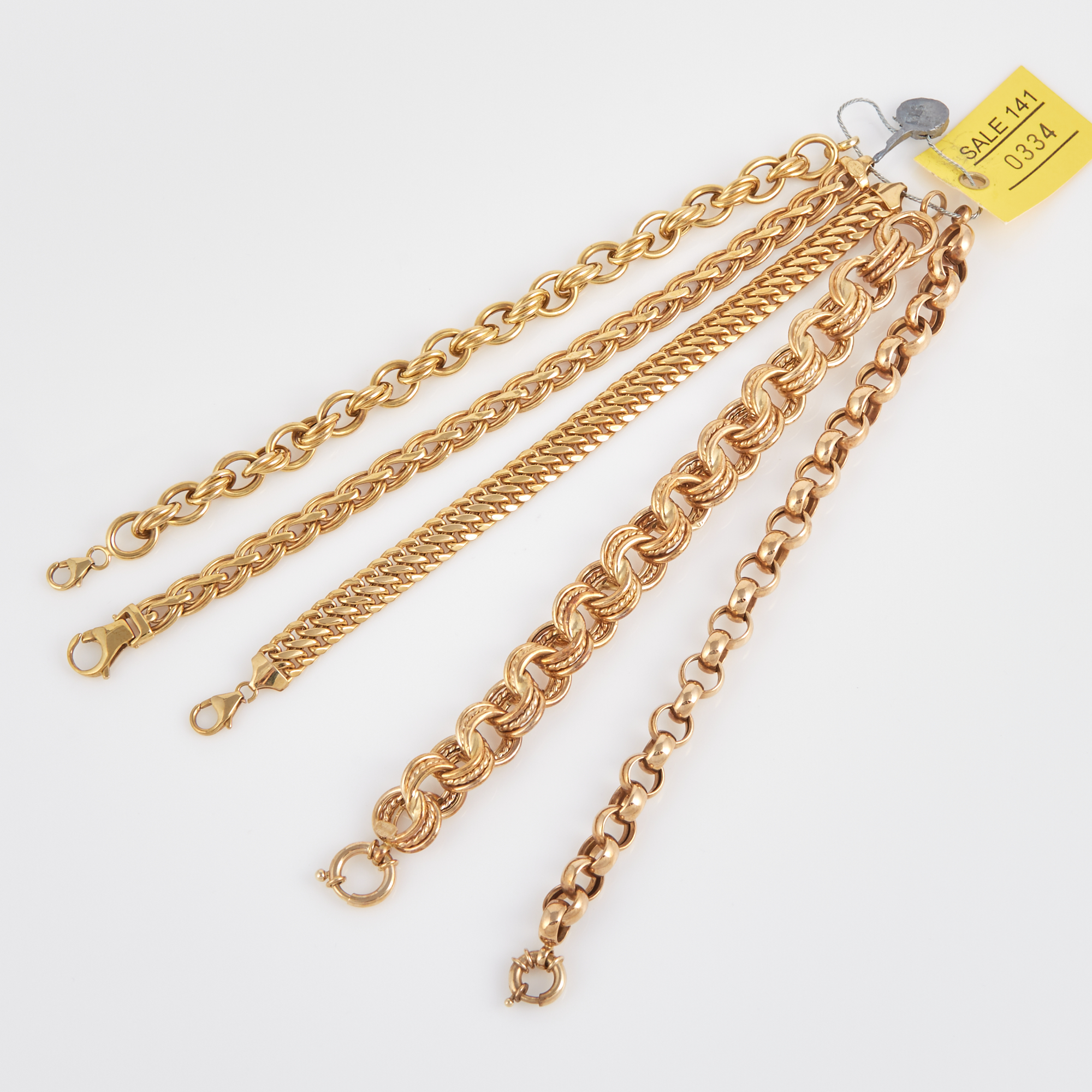 Lot image - Five Gold Flexible Bracelets, 14K 30 dwt., damaged