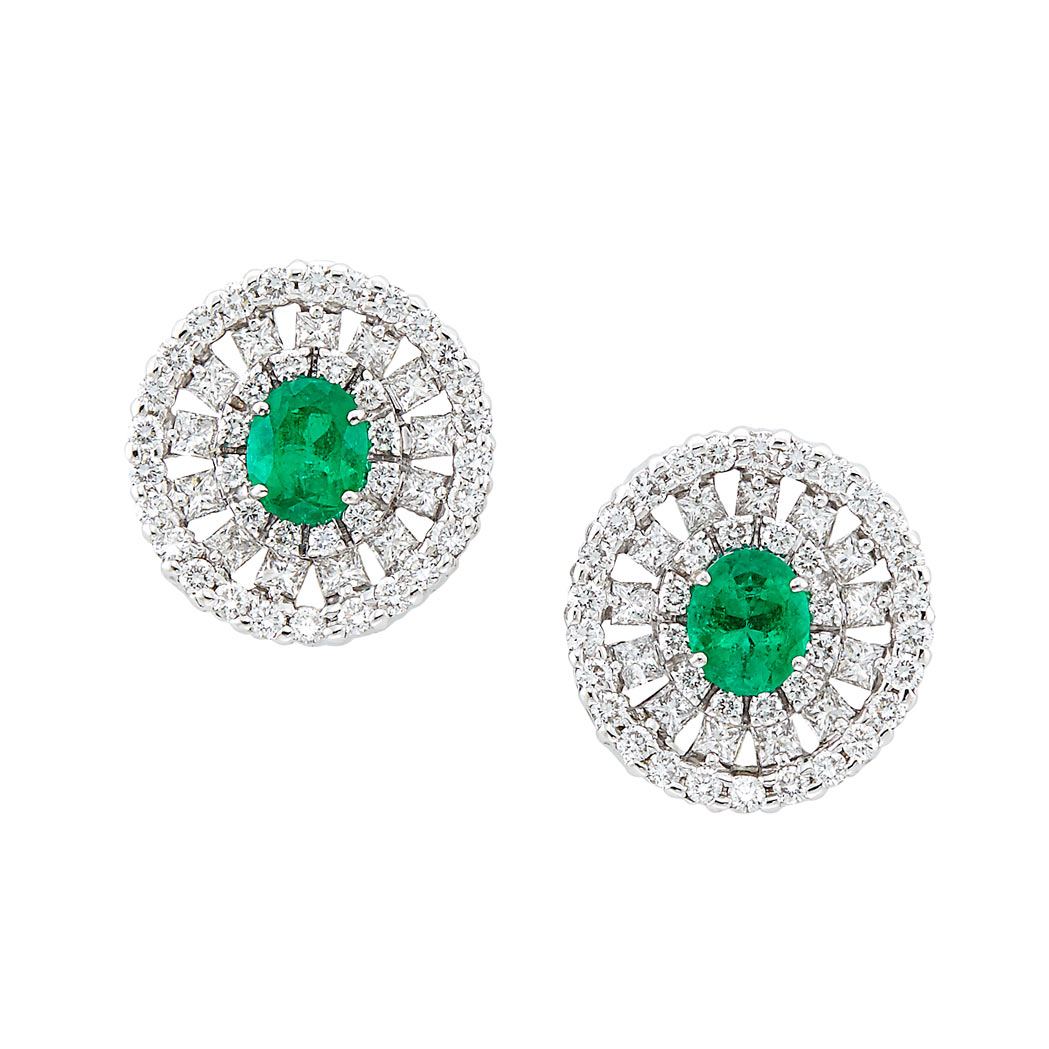 Lot image - Pair of White Gold, Emerald and Diamond Earrings