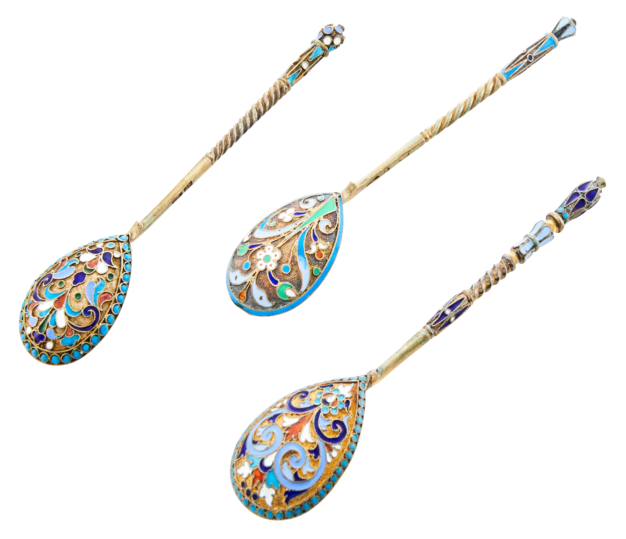 Lot image - Group of Three Russian Silver-Gilt and Cloisonné Enamel Spoons