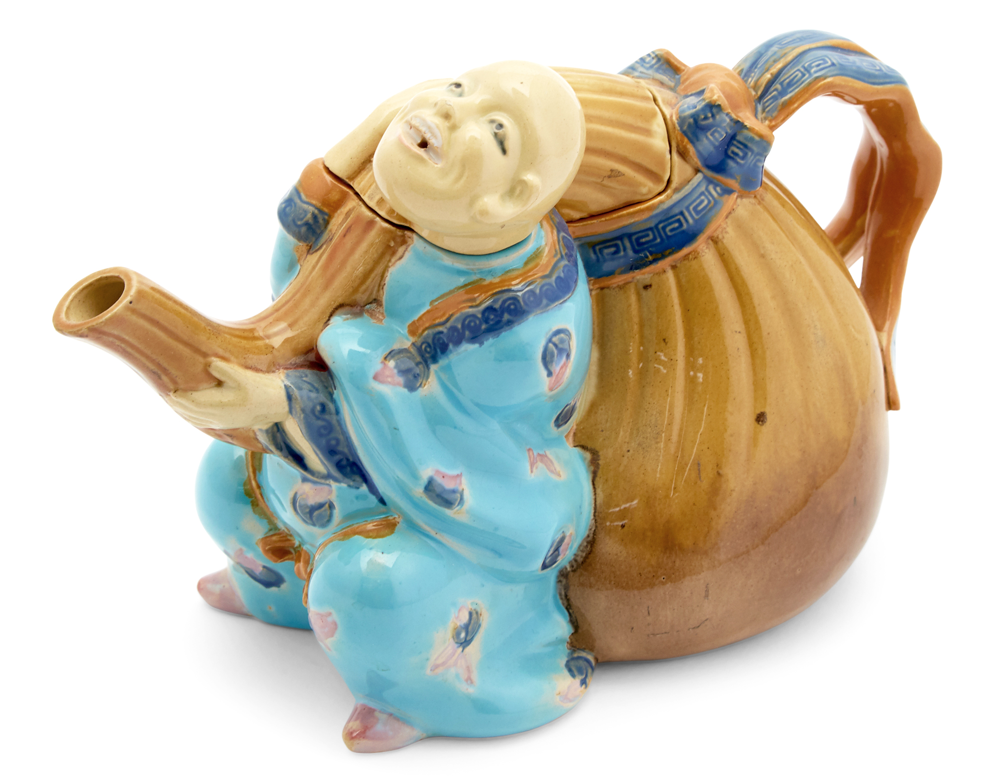 Lot image - Brownfield Majolica Man with Gourd Teapot and Cover