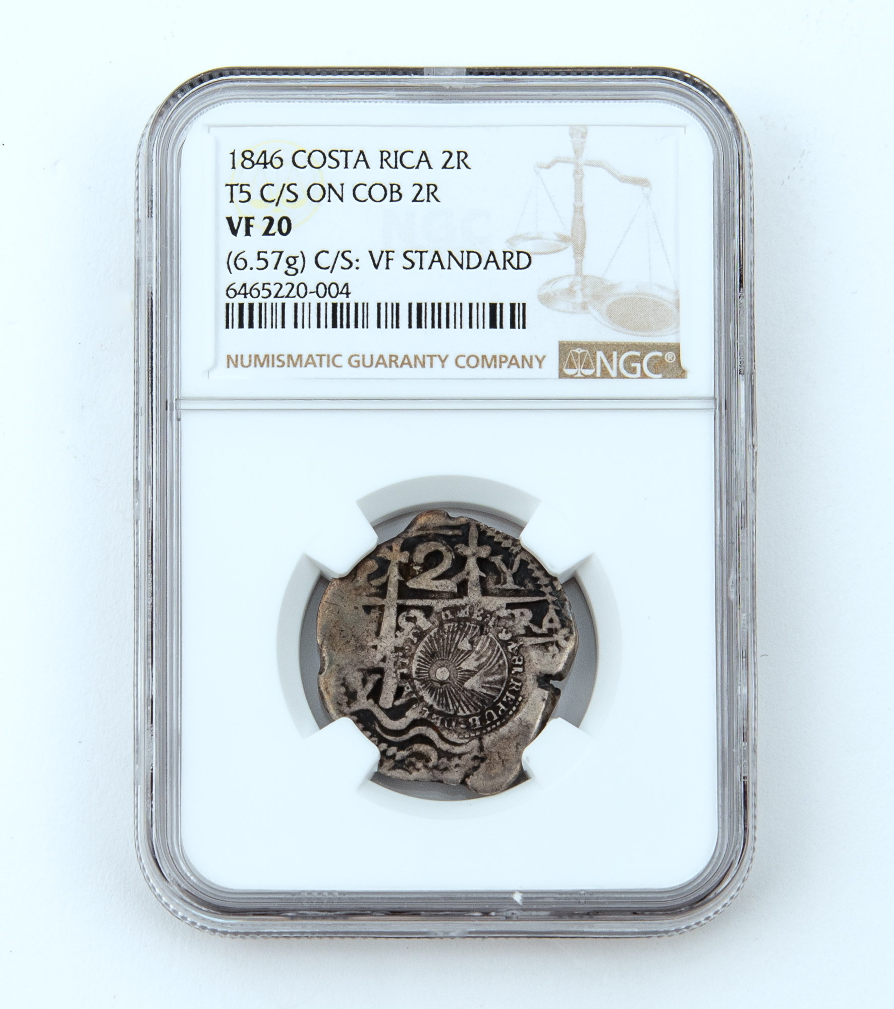 Lot image - Costa Rica Type V C/S on 2 Reales Cob KM#54 NGC VF20