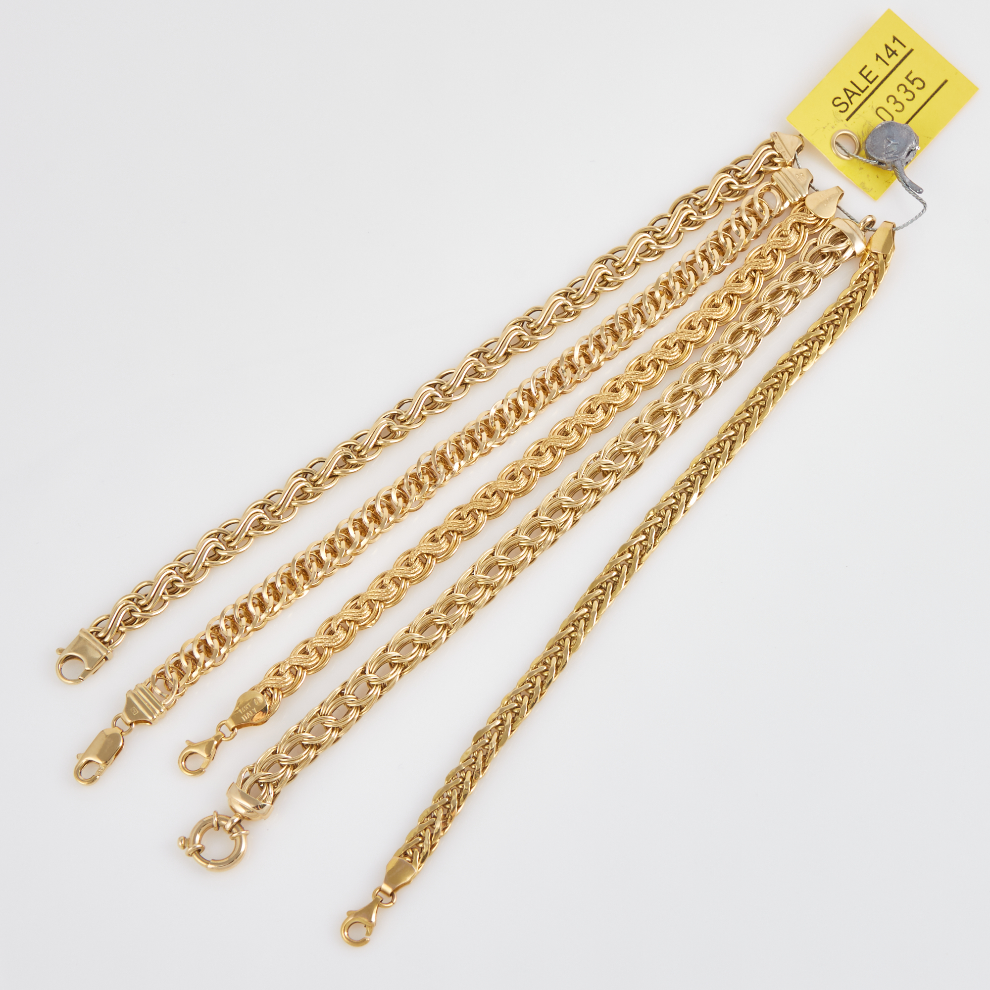 Lot image - Five Gold Flexible Bracelets, 14K 22 dwt.