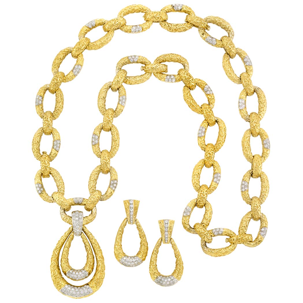 Lot image - Two-Color Gold and Diamond Pendant-Necklace/Bracelet Combination and Pair of Pendant-Earrings