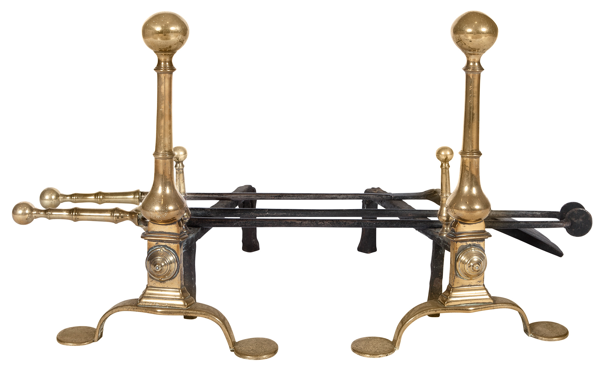 Lot image - Pair of Brass and Wrought Iron Andirons