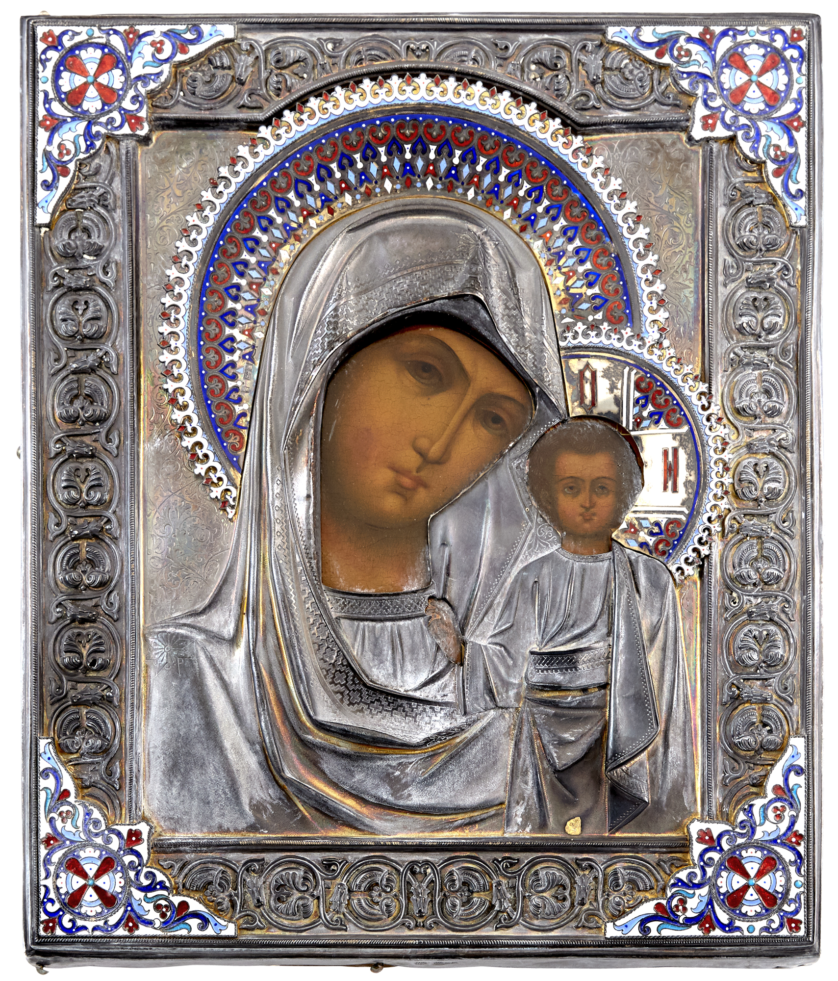 Lot image - Russian Silver, Cloisonné and Champlevé Enamel Icon of the Mother of God of Kazan