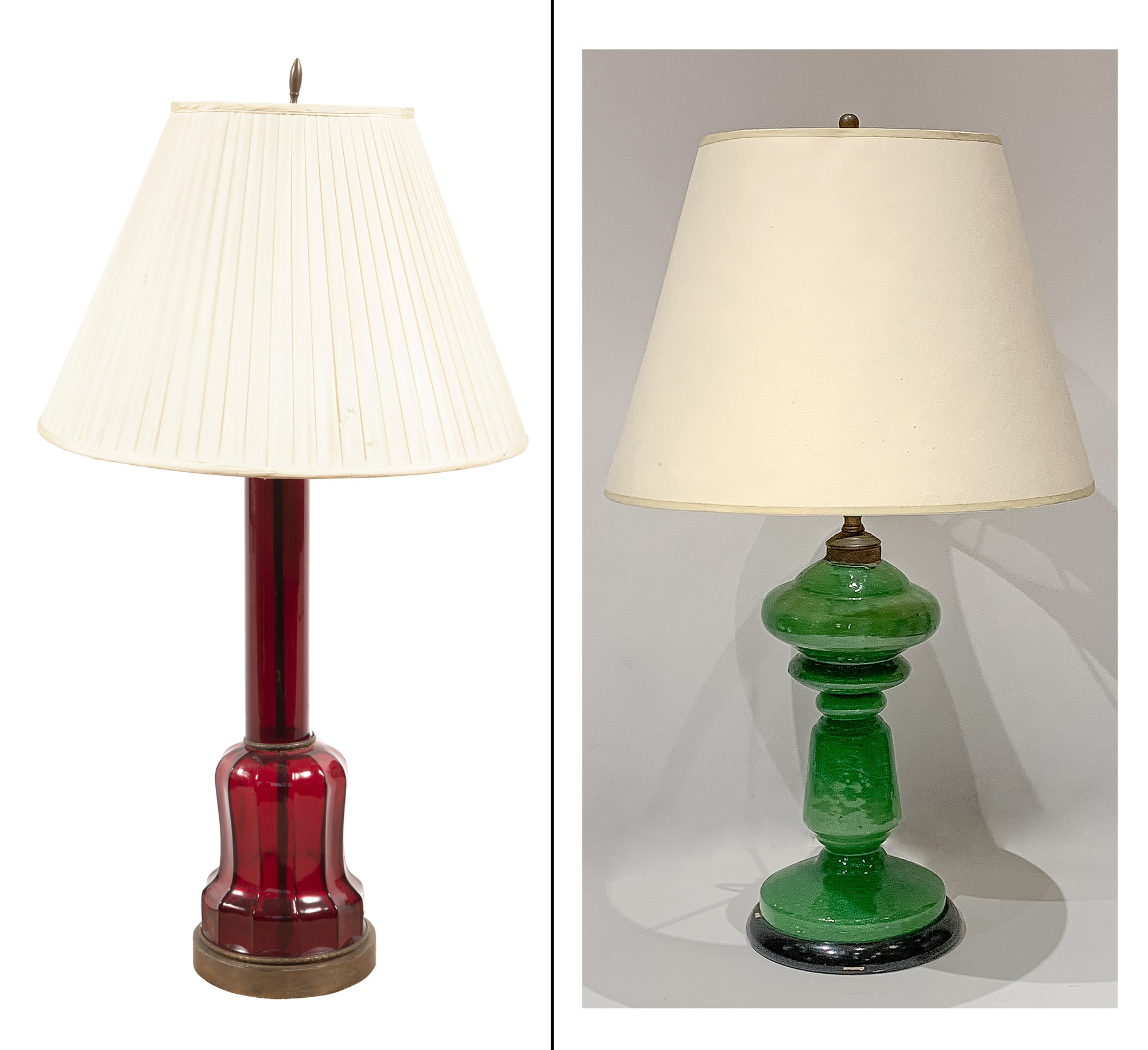 Lot image - Ruby Glass Lamp; Together with a Green Glass Fluid Lamp