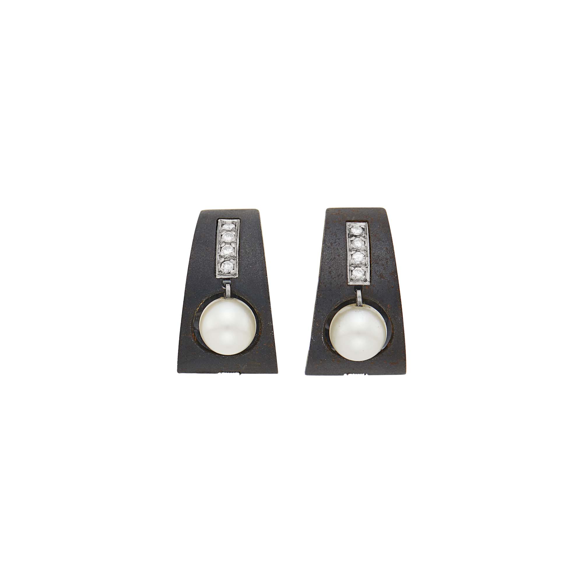 Lot image - Attributed to Marsh Pair of Oxidized Steel, Gold, Cultured Pearl and Diamond Hoop Earclips