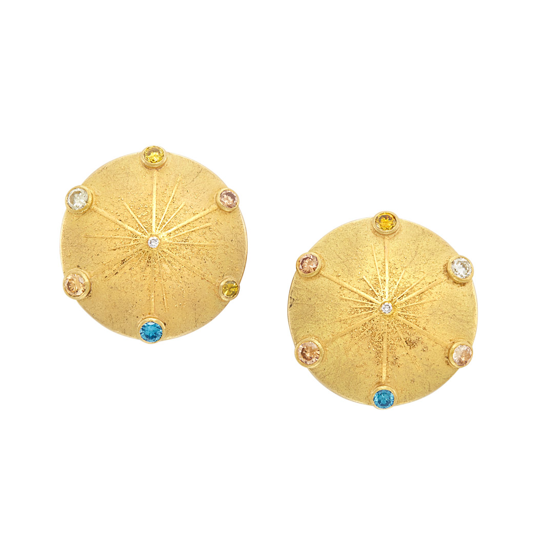 Lot image - Pair of Gold, Diamond and Colored Diamond Sun Disc Earclips, Zobel