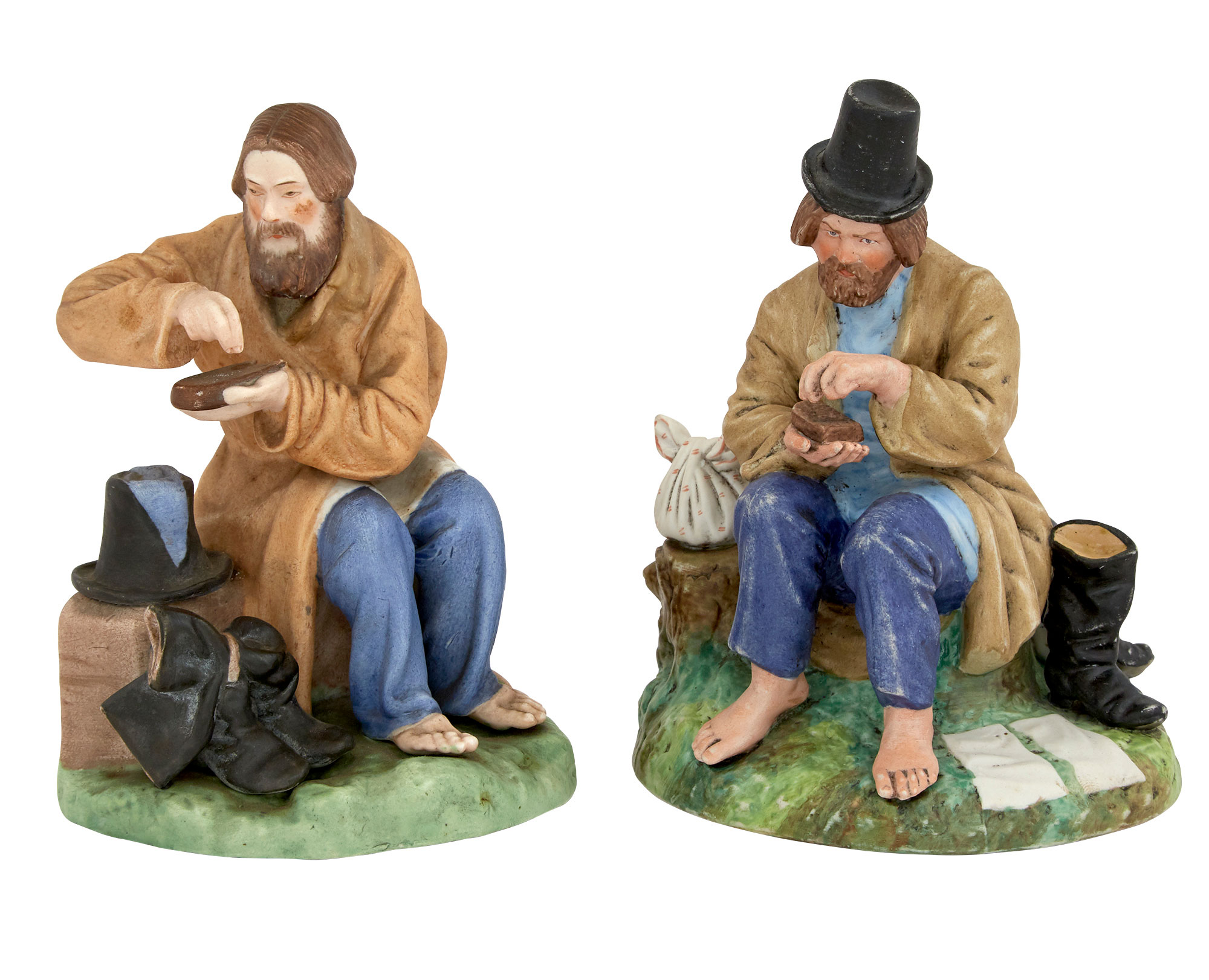 Lot image - Two Russian Porcelain Figures of Peasant Men Stopping for Lunch