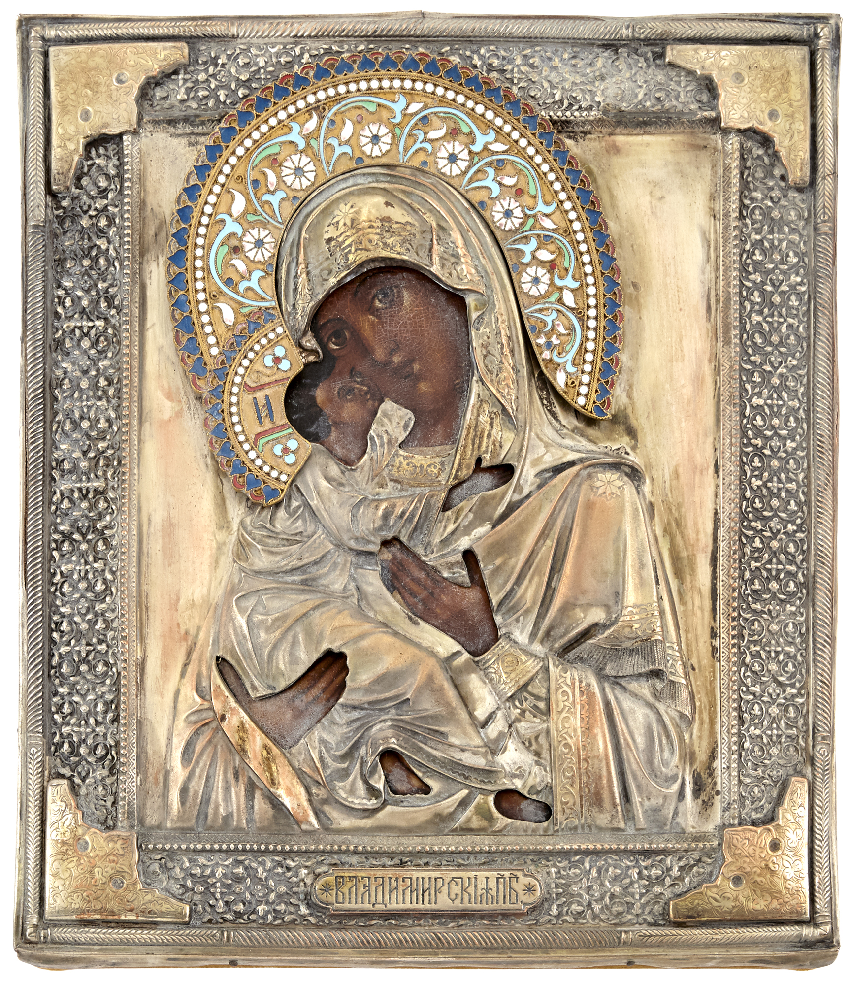 Lot image - Russian Silver Plated and Cloisonné Enamel Icon of the Mother of God of Vladimir