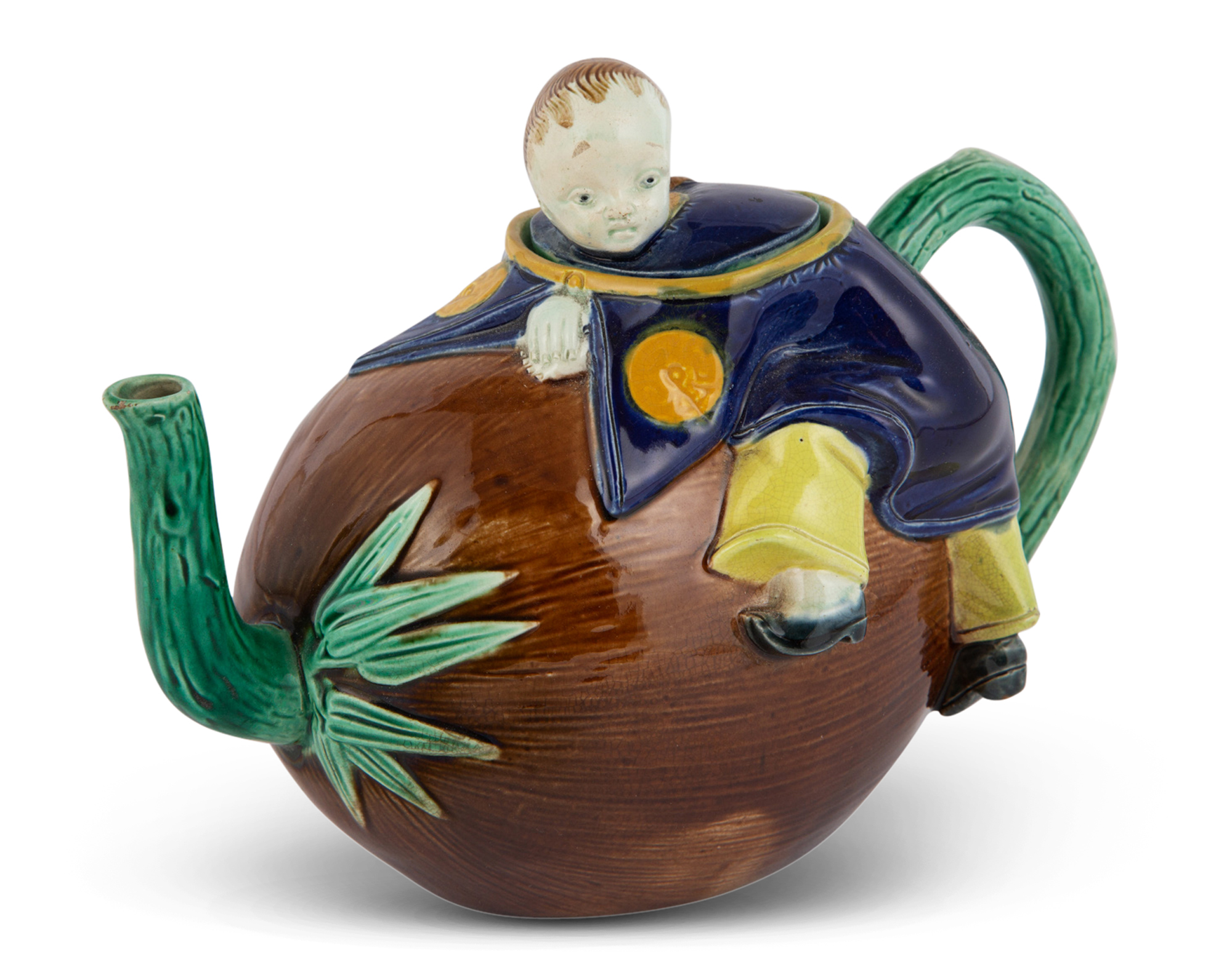 Lot image - Joseph Holdcroft Majolica Chinese Boy and Coconut Teapot and Cover