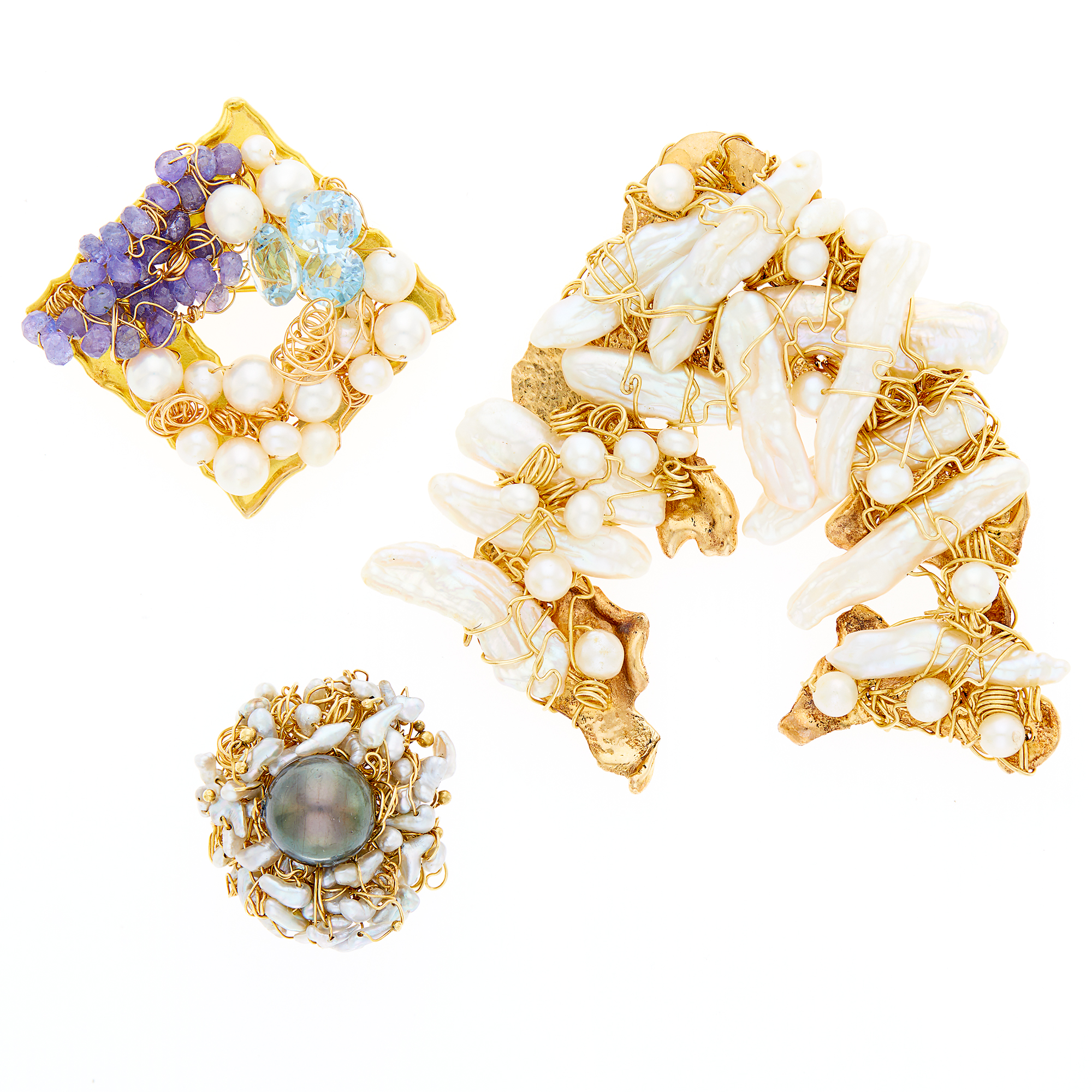 Lot image - Two Gold, Freshwater and Gray Cultured Pearl, Sapphire Bead and Blue Topaz Pendant-Brooches and Ring