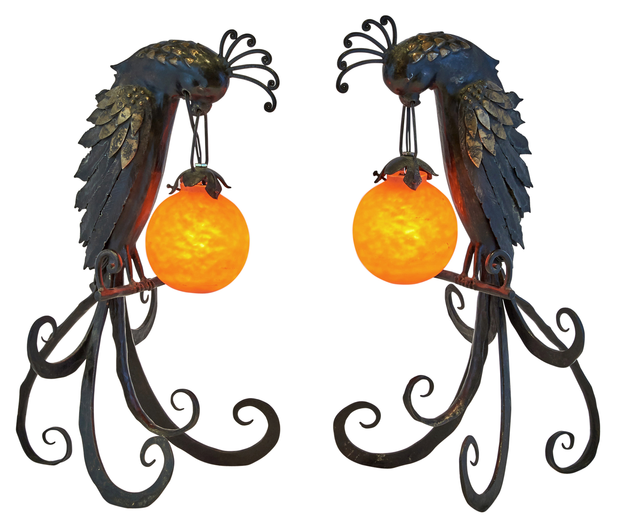 Lot image - Pair of Muller Frères Art Deco Iron and Glass Parrot-Form Table Lamps