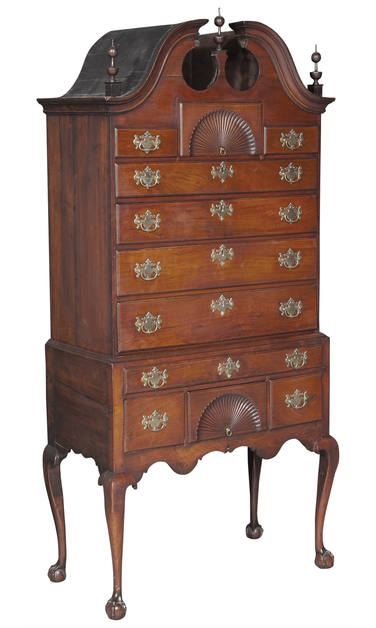 Lot image - Chippendale Walnut and Maple Bonnet Top High Chest