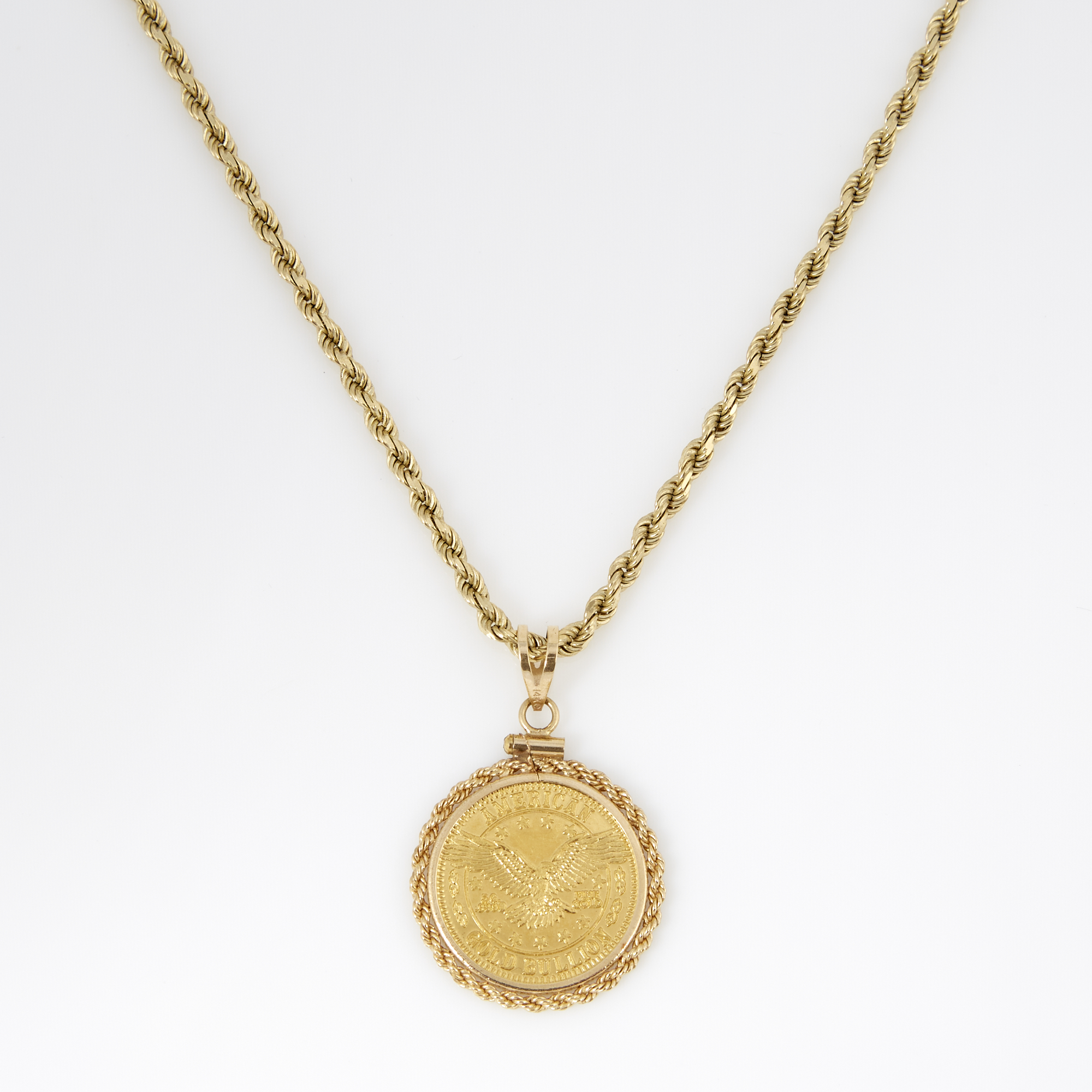 Lot image - Gold Coin Pendant and Neck Chain, 24K and 14K 12 dwt. all