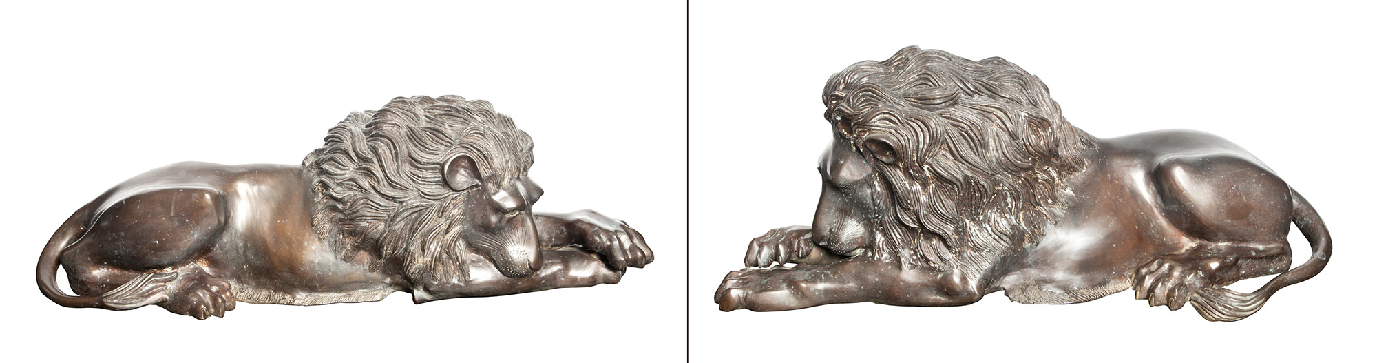 Lot image - Pair of Patinated Bronze Recumbent Figures of Lions, After Canova