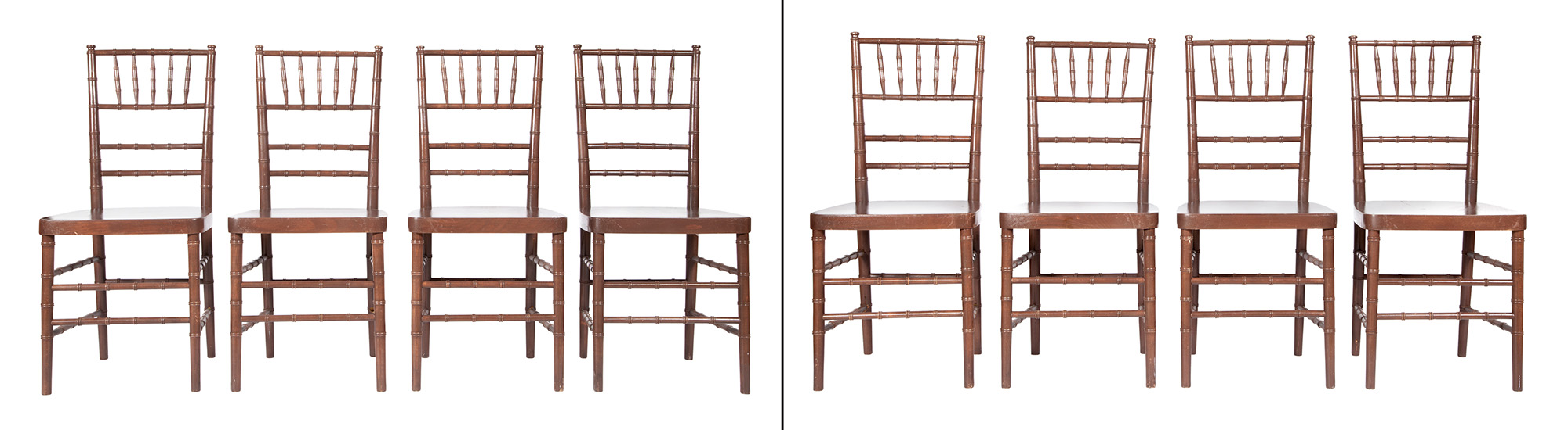 Lot image - Set of Eight Brown-Painted and Bamboo-Turned Ballroom Chairs