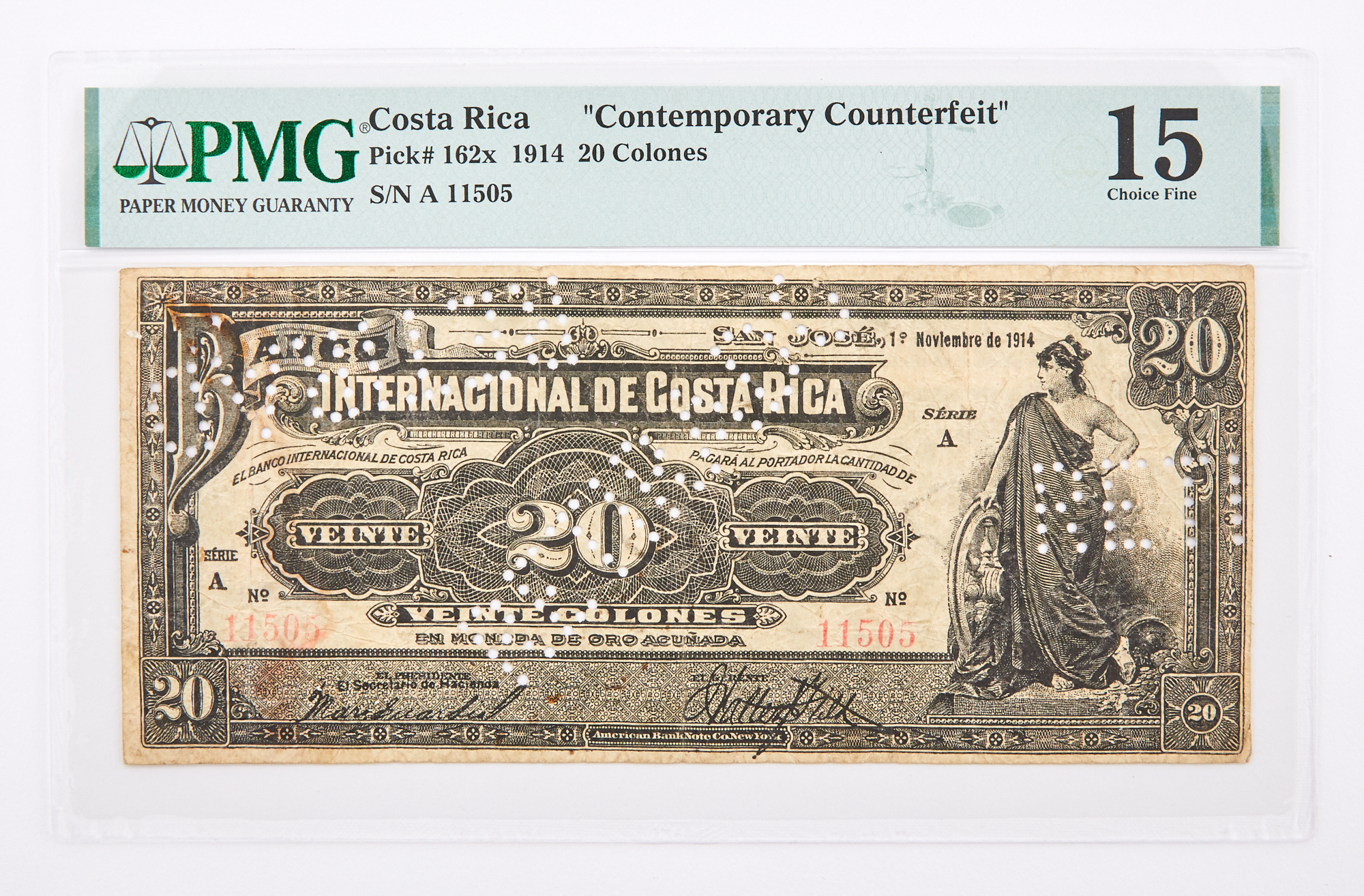 Lot image - Costa Rica, Banco Internacional de Costa Rica 1914 Veinte Colones Counterfeit Note Pick# 162x  PMG 20
