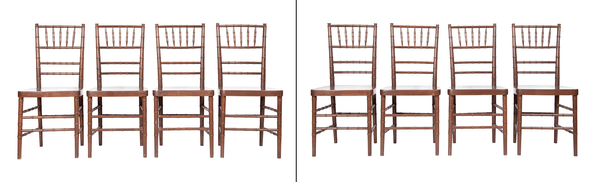 Lot image - Set of Eight Brown-Painted and Bamboo-Turned Ballroom Chairs