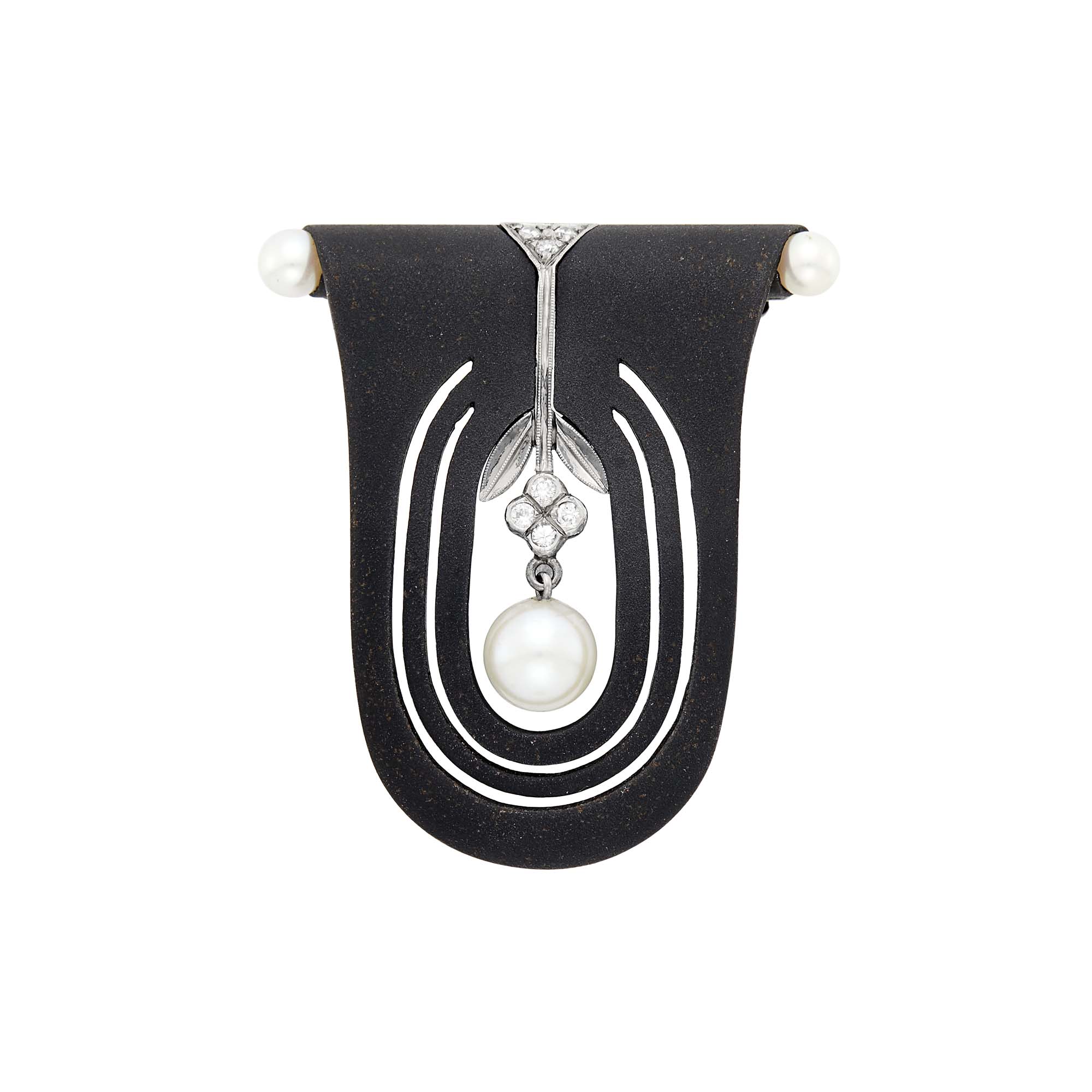 Lot image - Attributed to Marsh Oxidized Steel, Silver, Cultured Pearl and Diamond Brooch