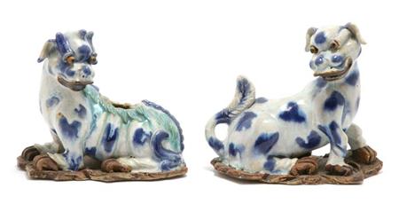 Lot image - Chinese Blue and White Porcelain Figure of a Dog; Together with a Similar Dragon