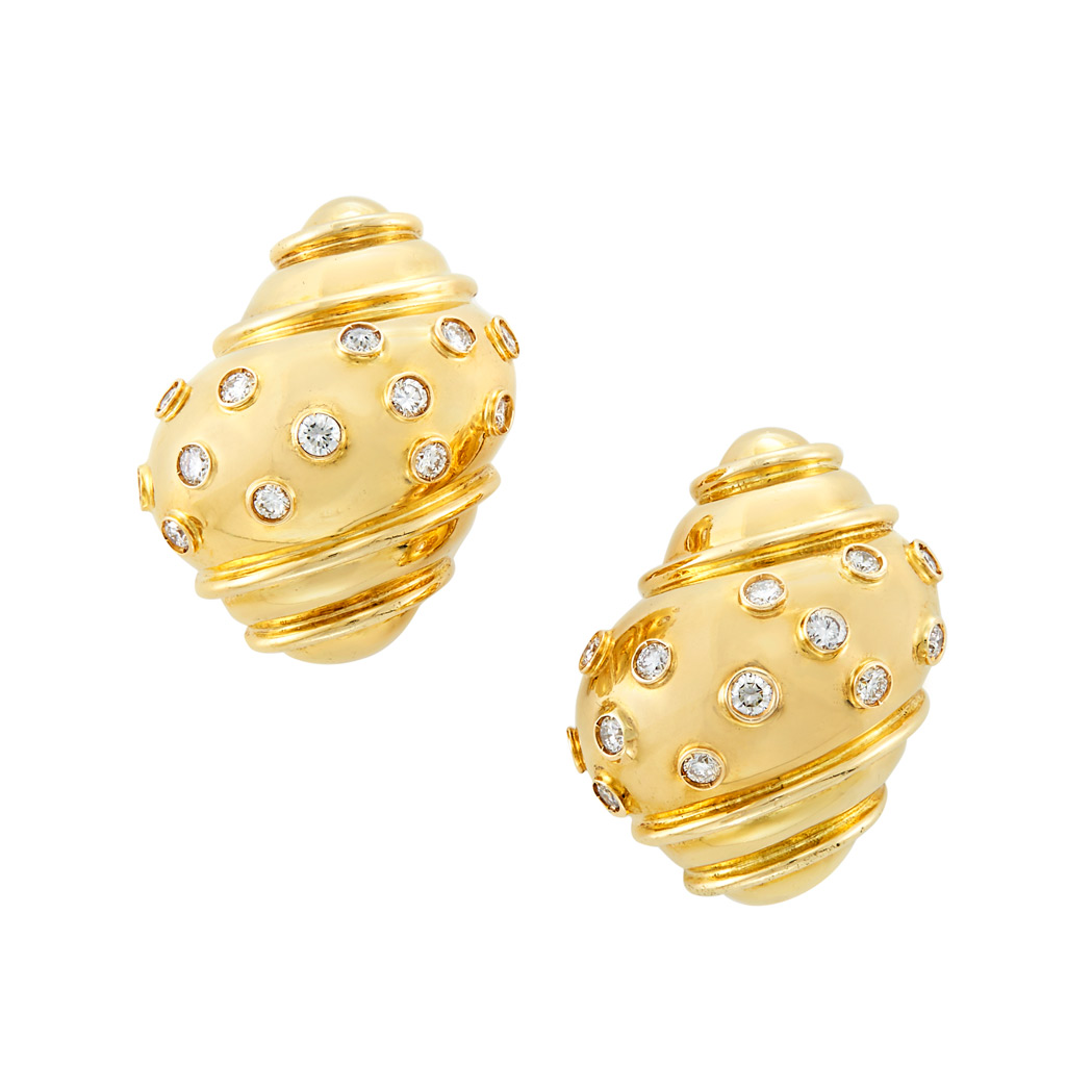 Lot image - Pair of Gold and Diamond Shell Earclips, Seaman Schepps