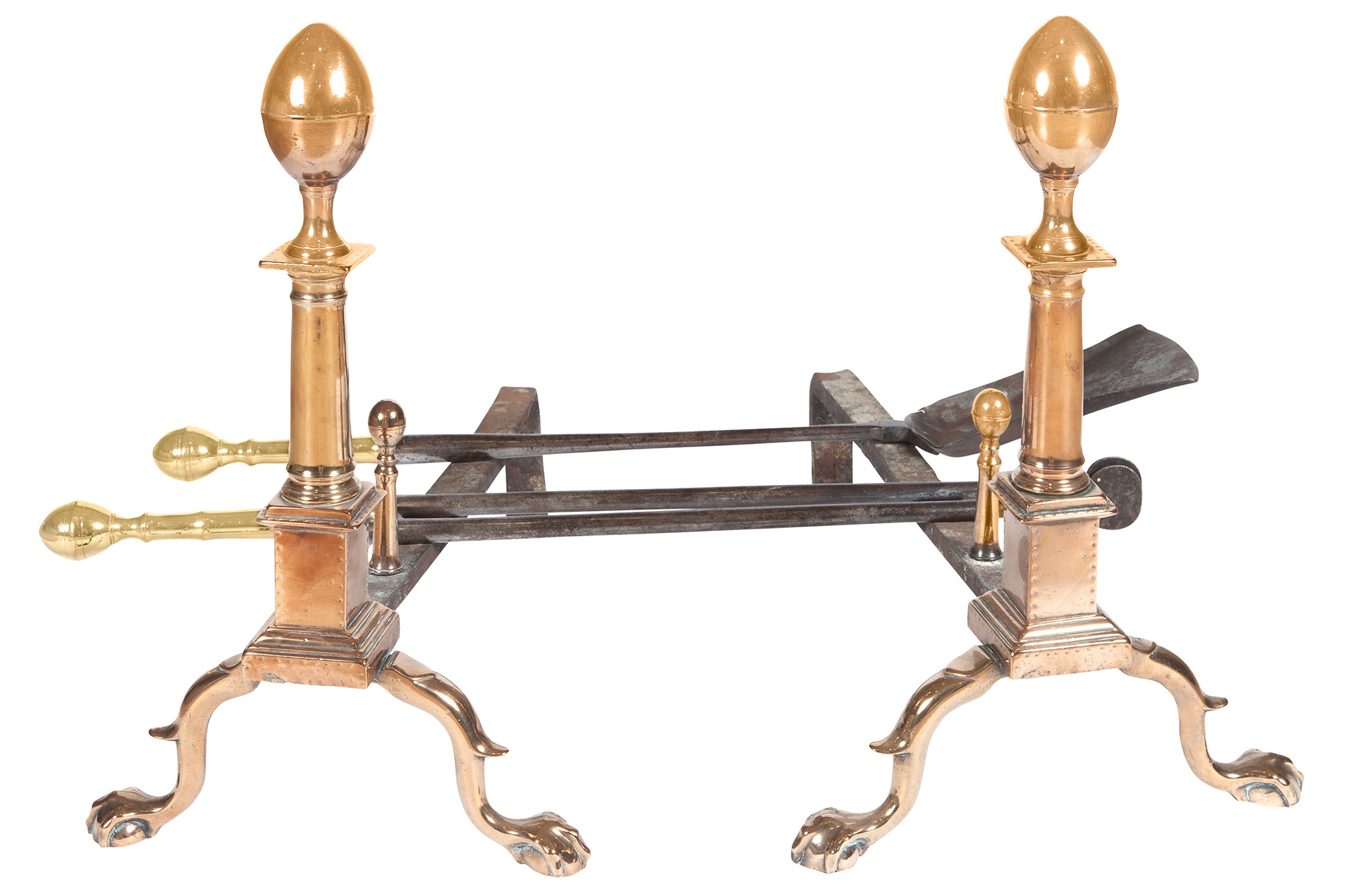Lot image - Pair of Chippendale Bell Metal and Wrought Iron Andirons