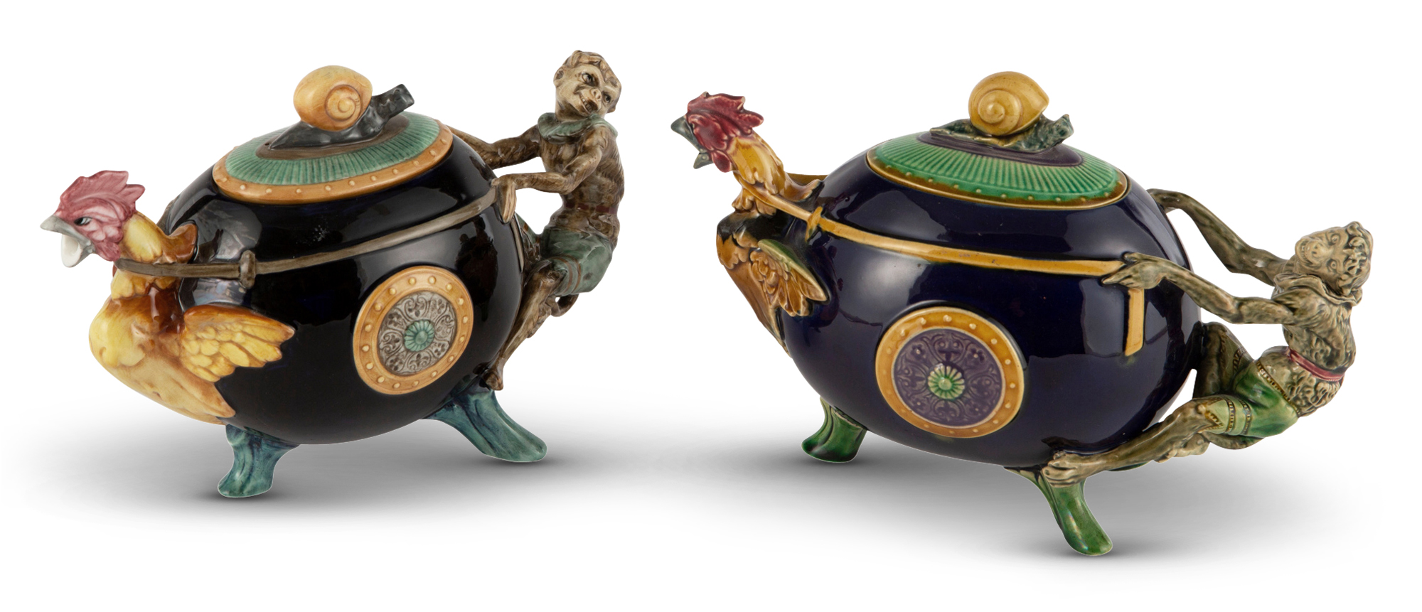 Lot image - Mintons Majolica Cobalt-Blue Ground Cockerel, Snail and Monkey Teapot and Cover