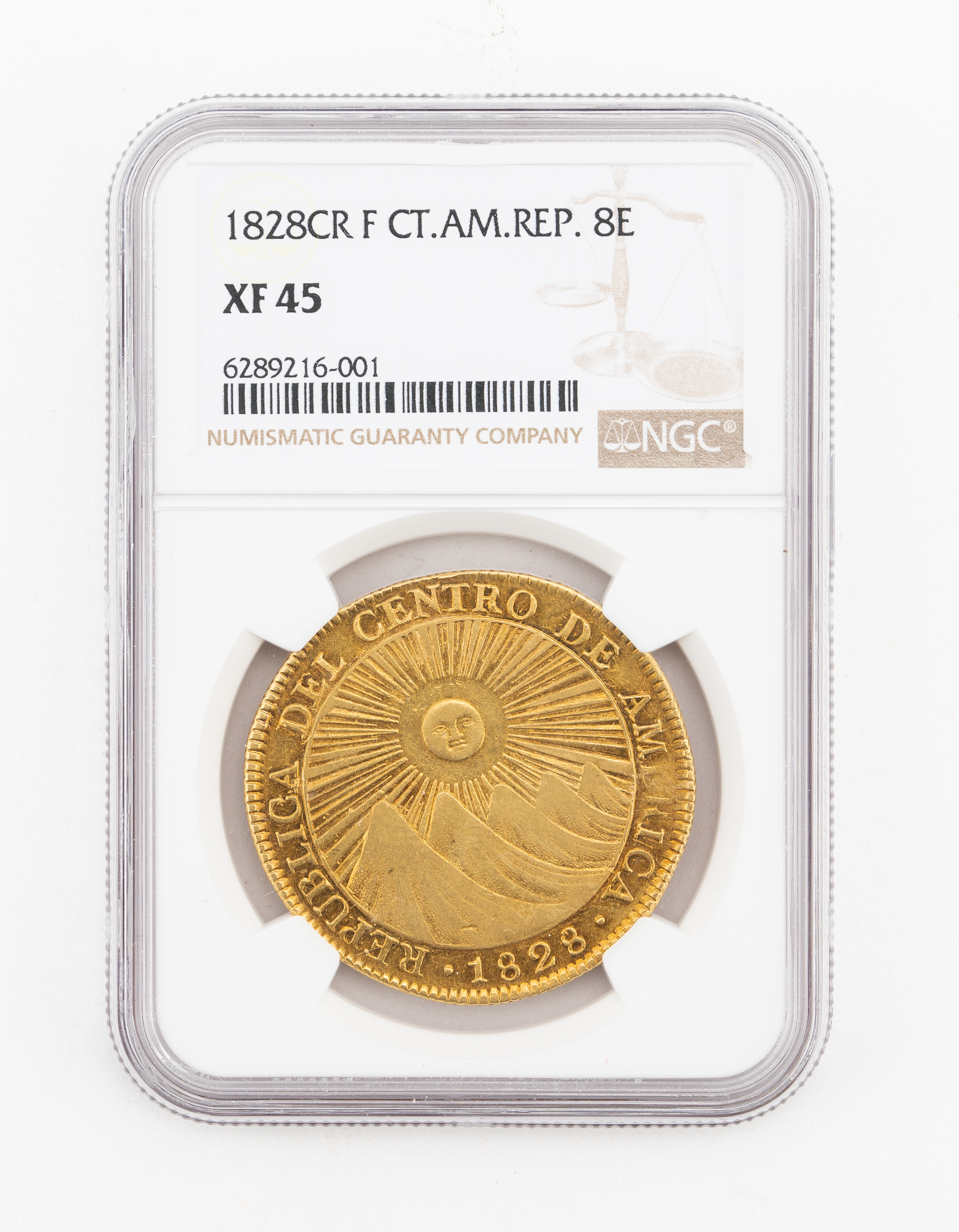 Lot image - Costa Rica, Central American Republic 1828-F Gold 8 Escudos KM# 17 Fr. 1  NGC XF 45