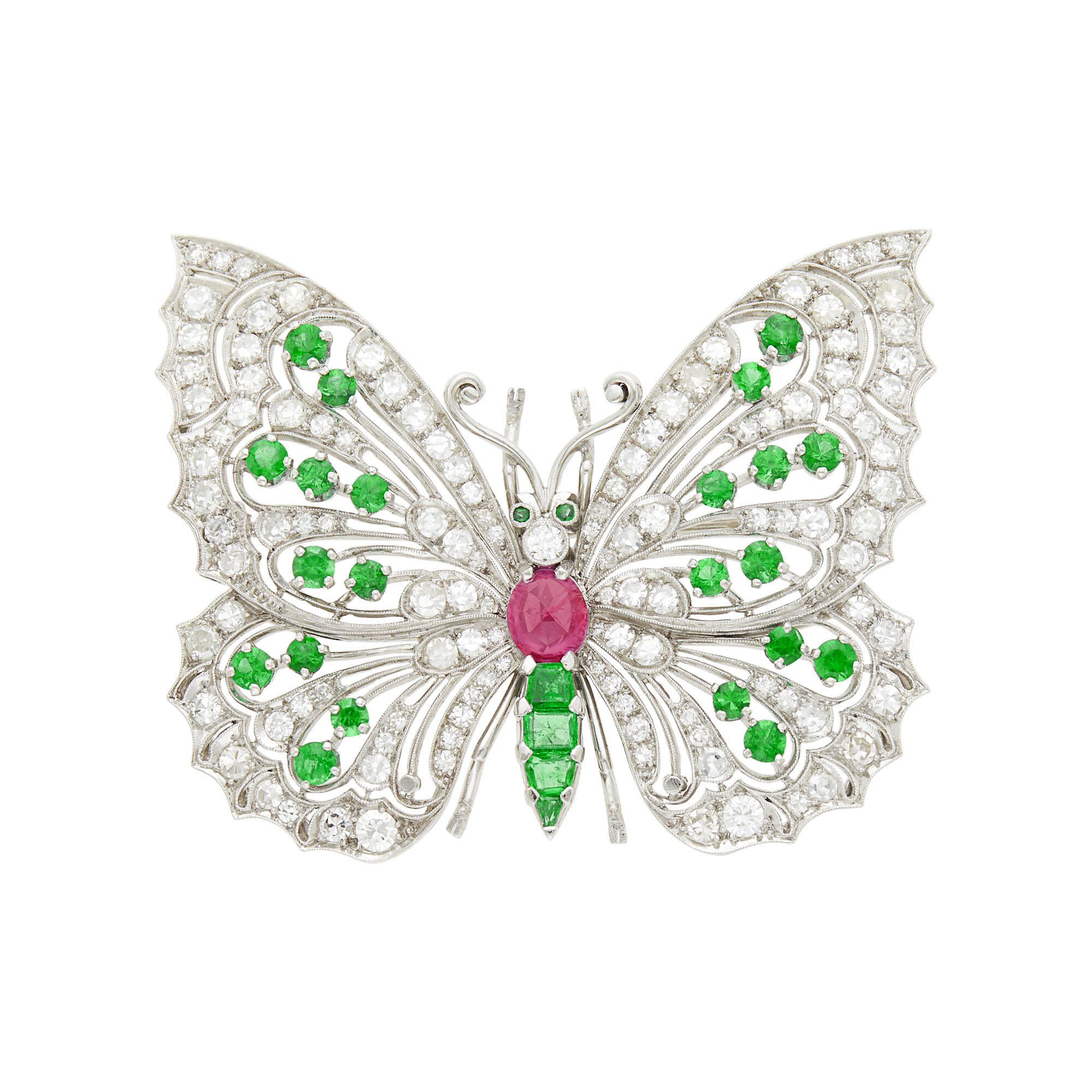 Lot image - Platinum, Ruby, Emerald and Diamond Butterfly Brooch